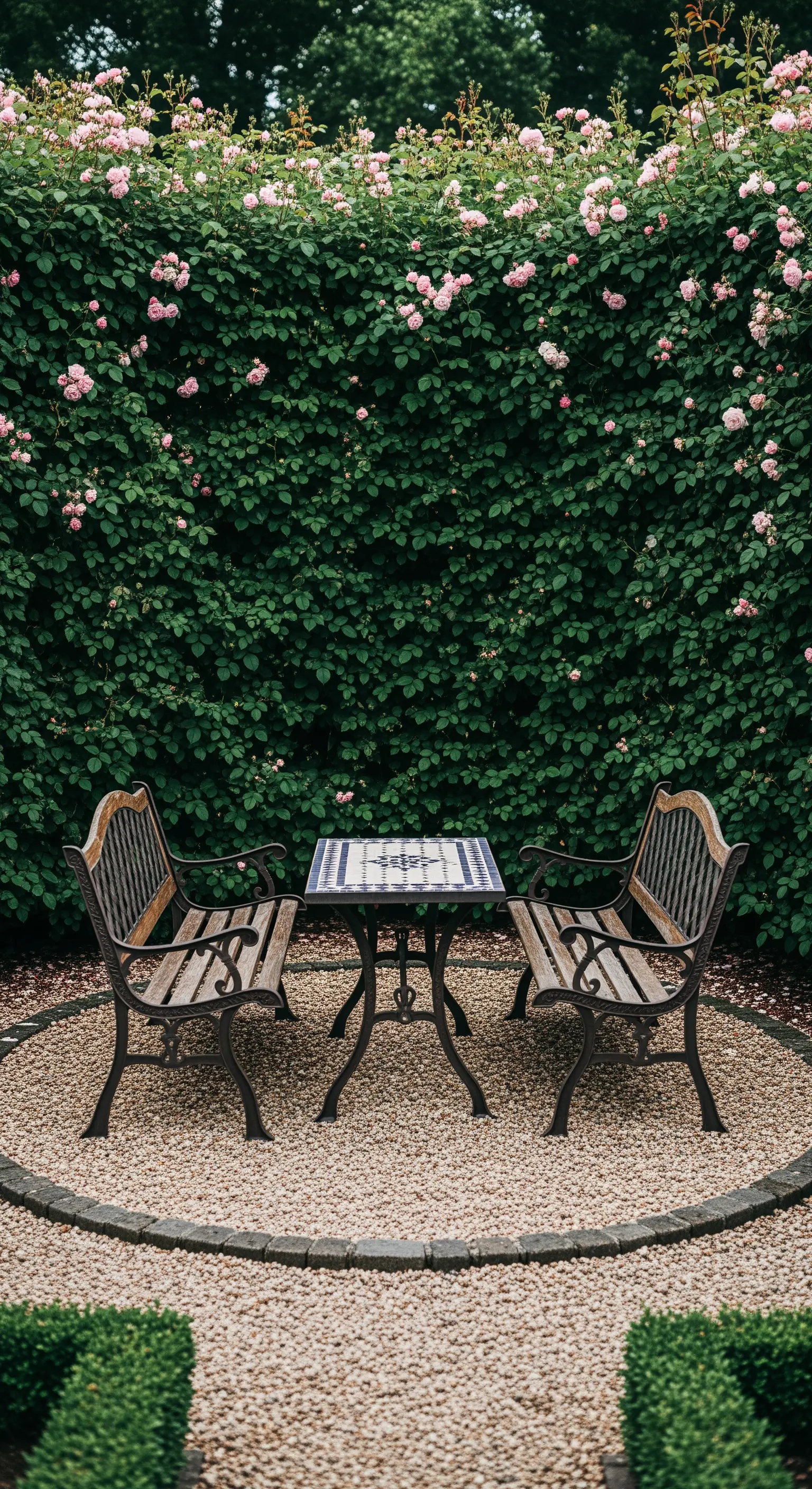 Zwei gegenüberstehende Holzbänke mit Mosaiktisch, auf einer runden Kiesfläche platziert.