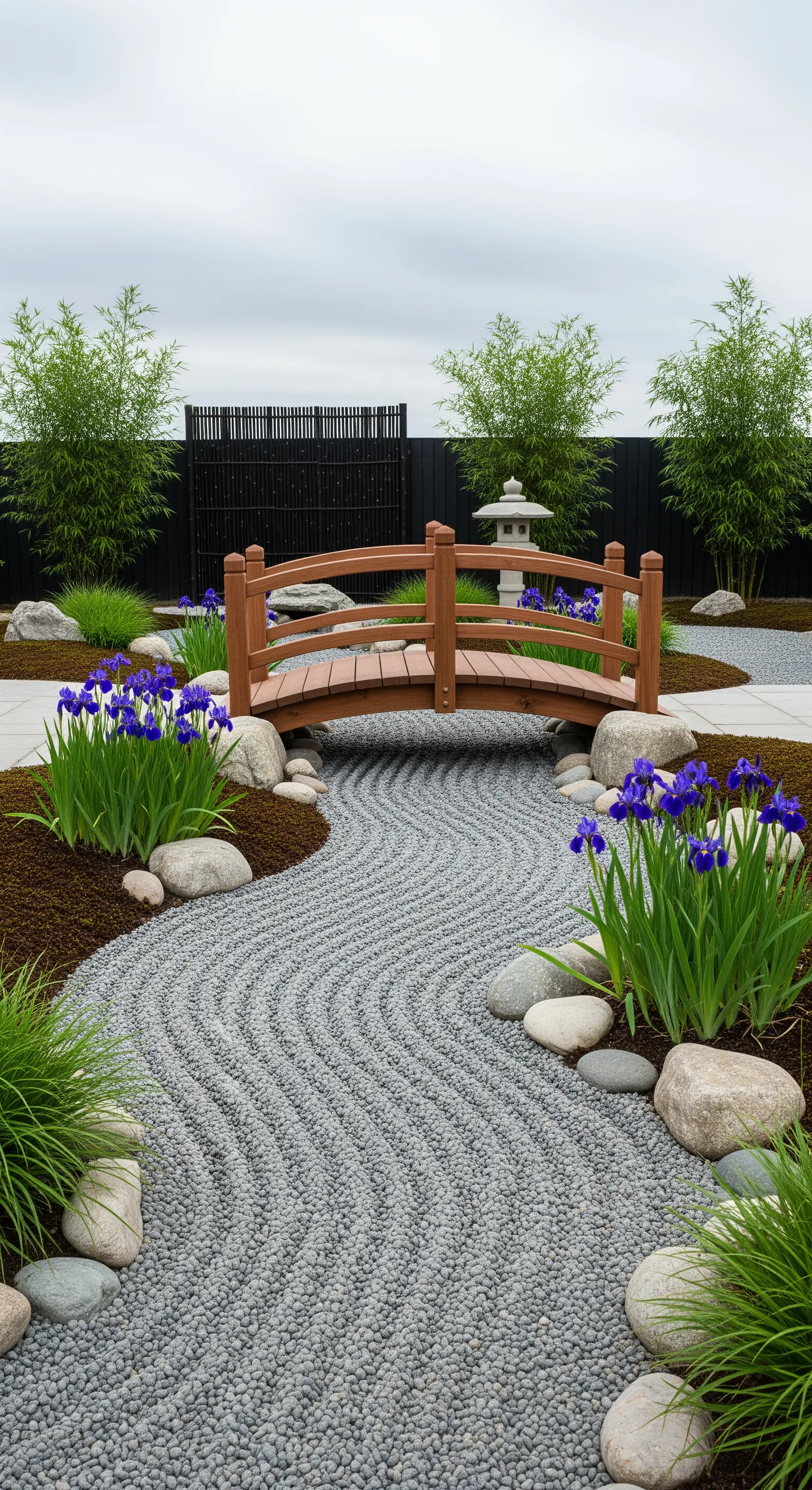 Trockenlandschaftsgarten mit geharktem Kies als Fluss, einer kleinen Holzbrücke und Schwertlilien.