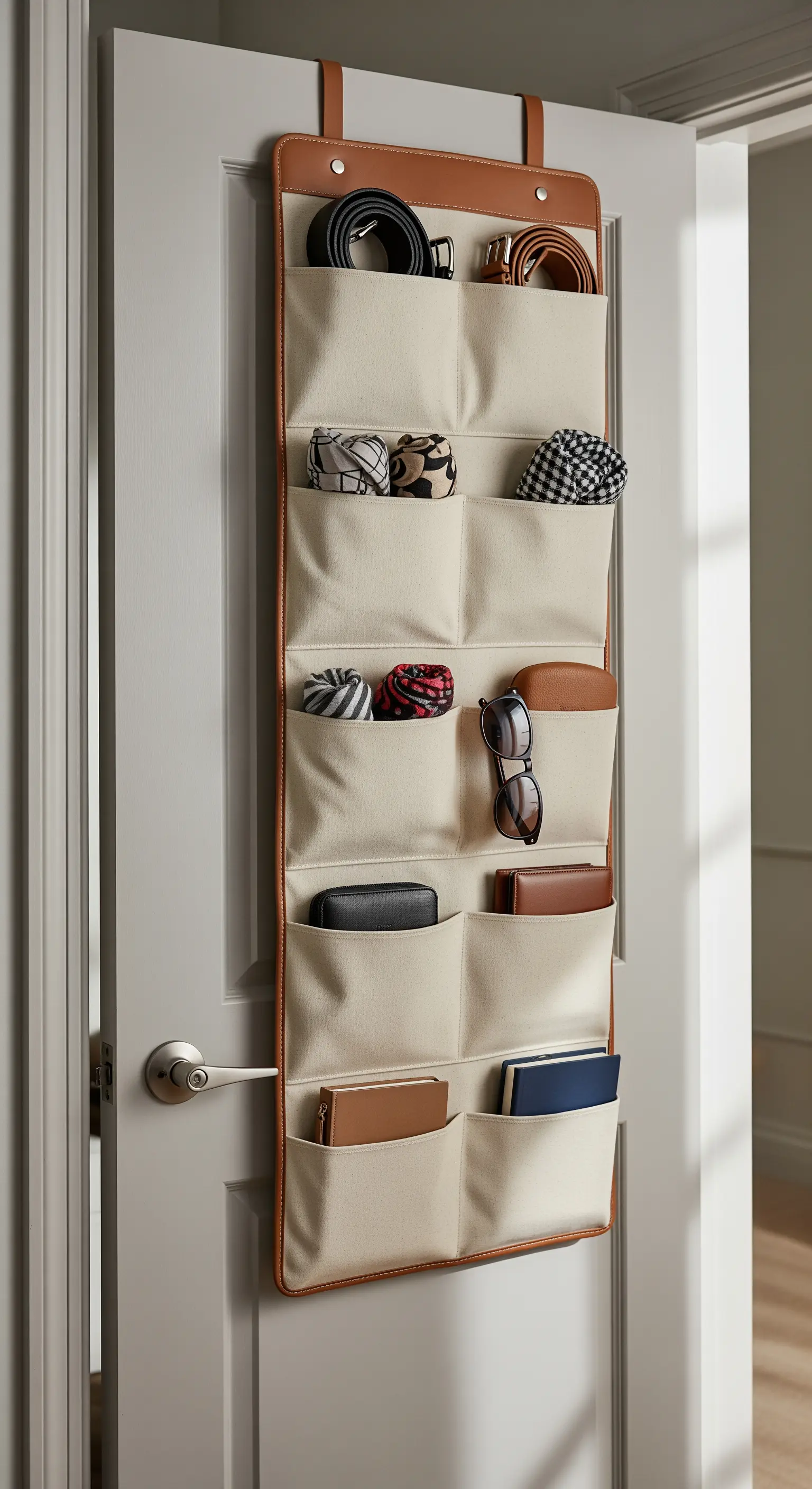 Hängeorganizer aus Stoff an einer Tür, gefüllt mit Gürteln, Schals und Accessoires.