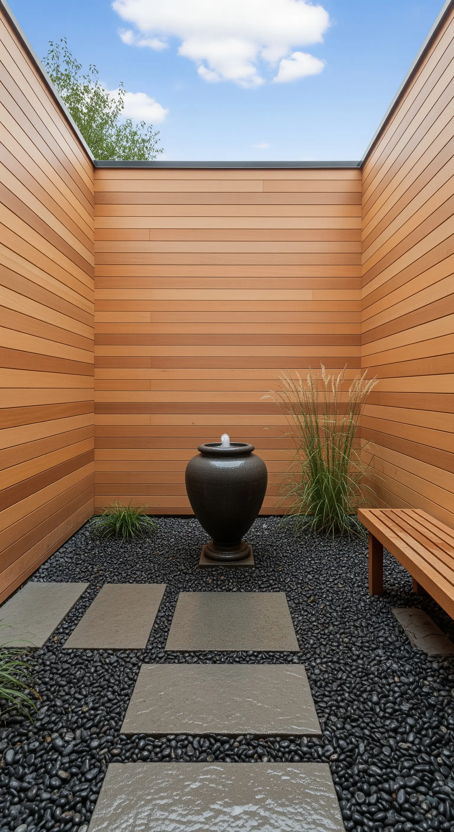 Kleiner Innenhof mit Holzwänden, Kiesboden und einem dunklen Keramikbrunnen in der Mitte.