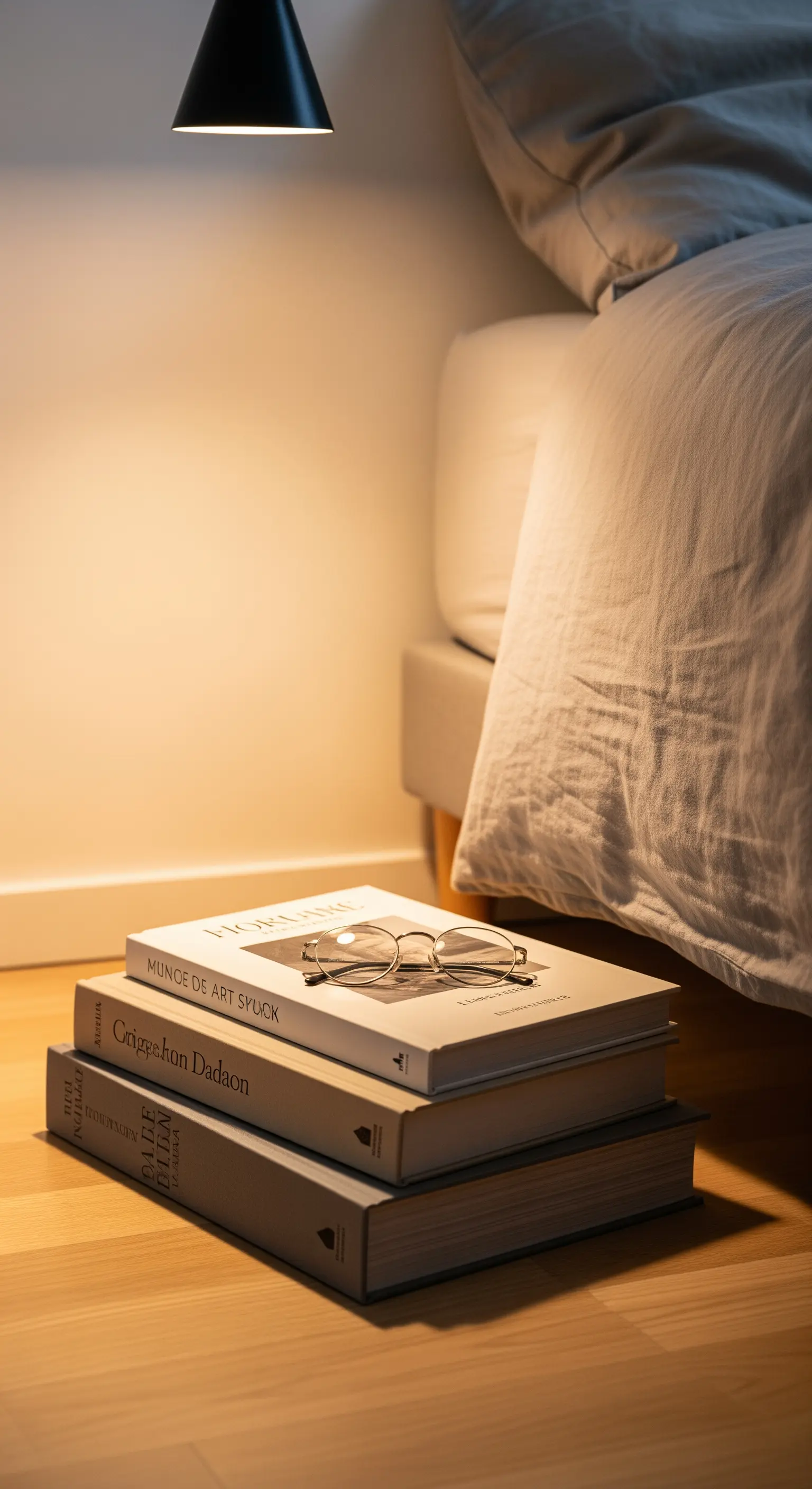 Bücherstapel als minimalistischer Nachttisch, von einer Hängelampe beleuchtet.