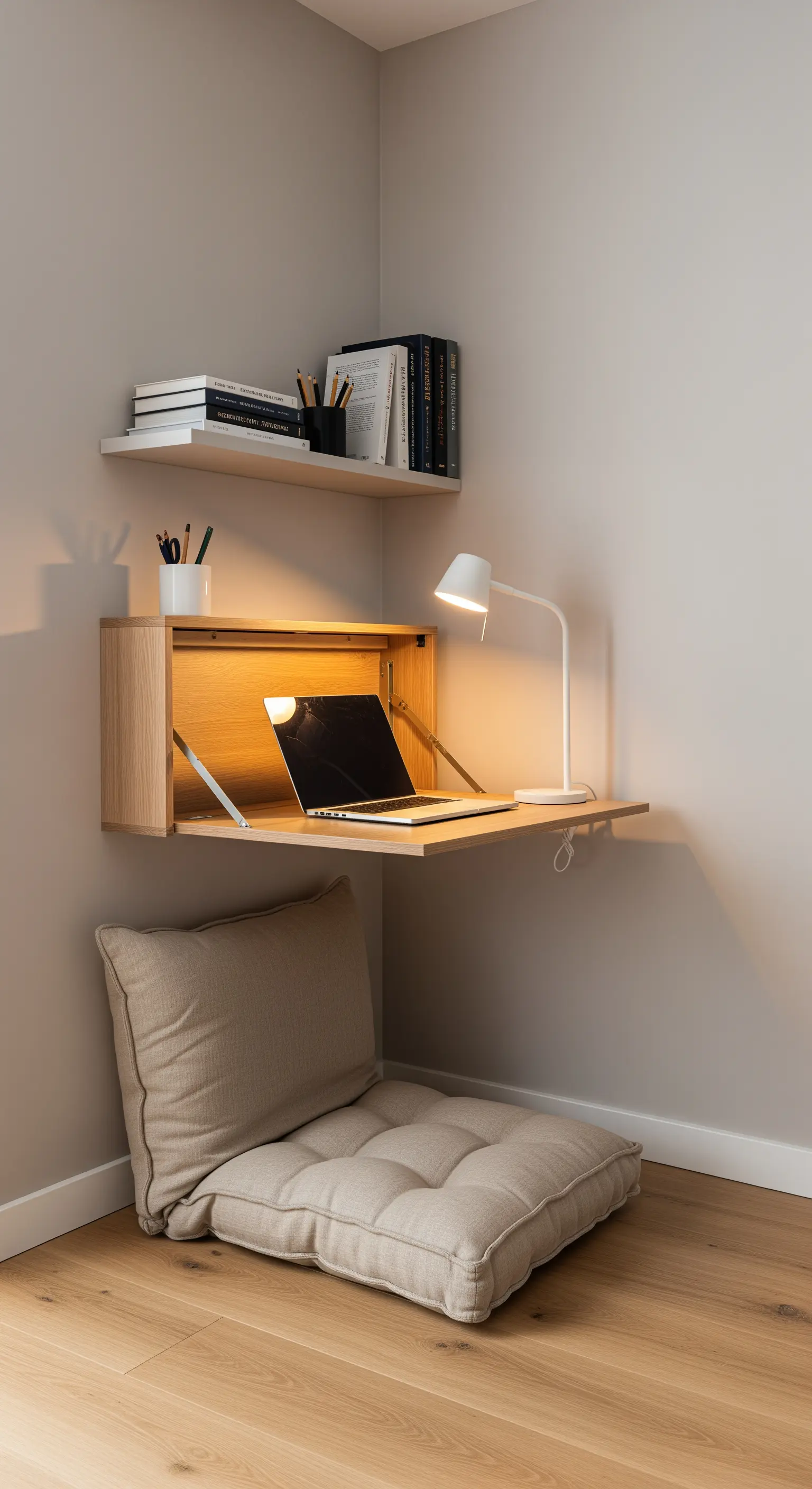 Wandmontierter Klappsekretär aus hellem Holz mit integrierter Beleuchtung und einem Bodenkissen.