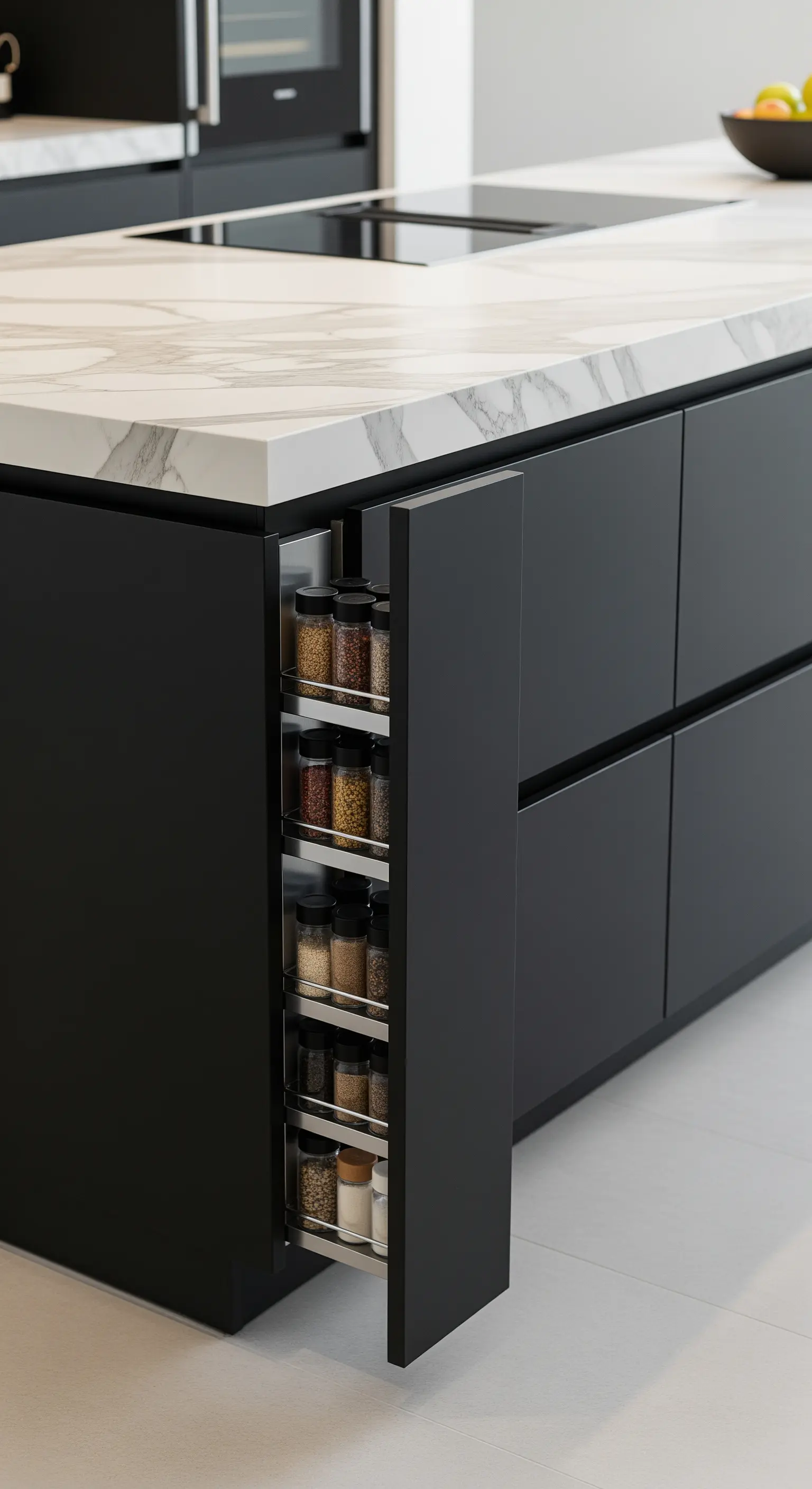 Schmaler ausziehbarer Gewürzschrank in einer modernen, mattschwarzen Küche.