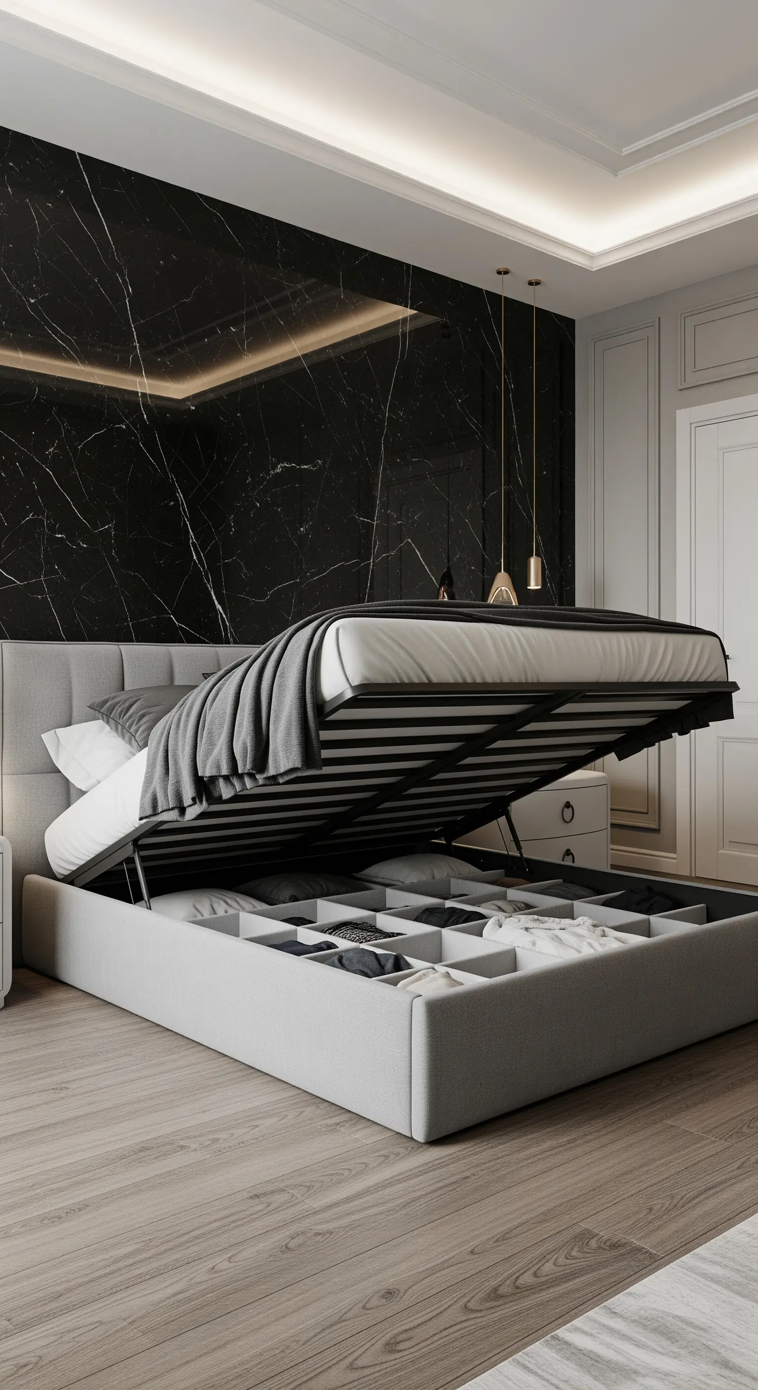 Modernes Bett mit hochgeklappter Matratze, das einen großen organisierten Stauraum freilegt.