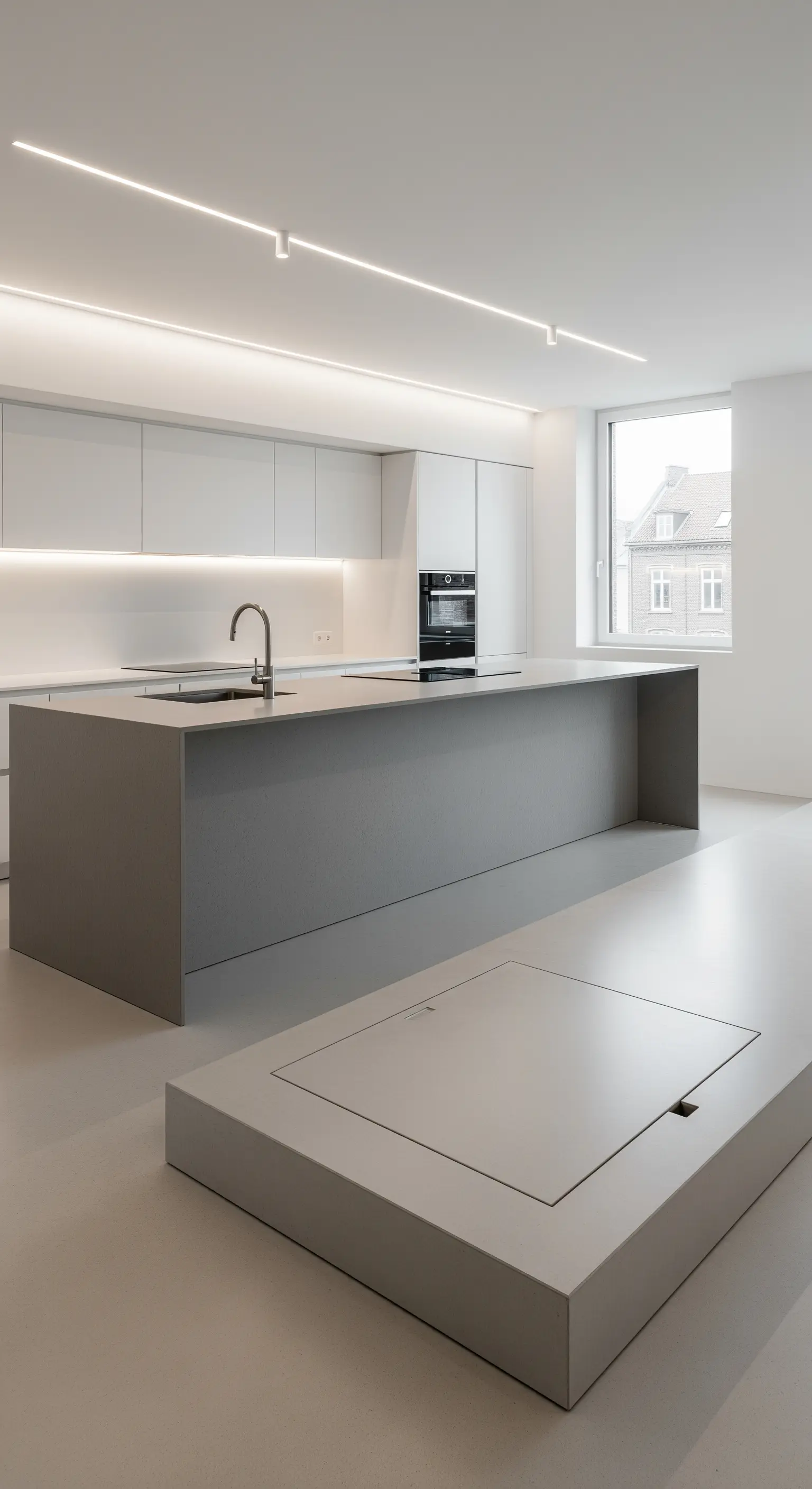 Ultra-minimalistische Küche mit einer Bodenluke für unsichtbaren Stauraum.