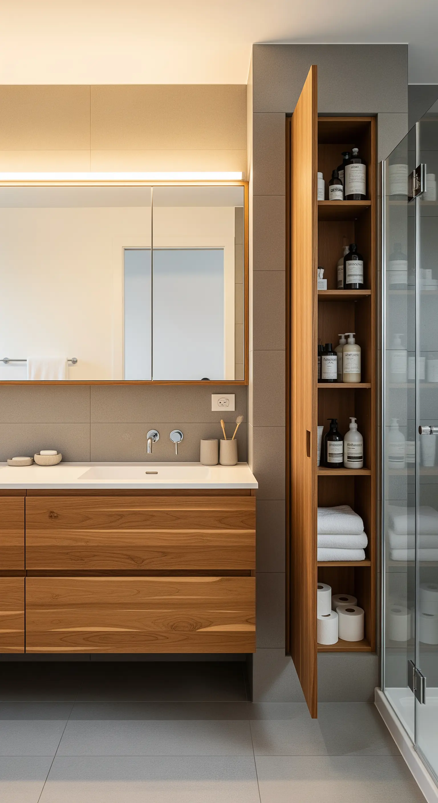 Schmaler, deckenhoher Einbauschrank aus Holz in einer Badezimmernische neben der Dusche.