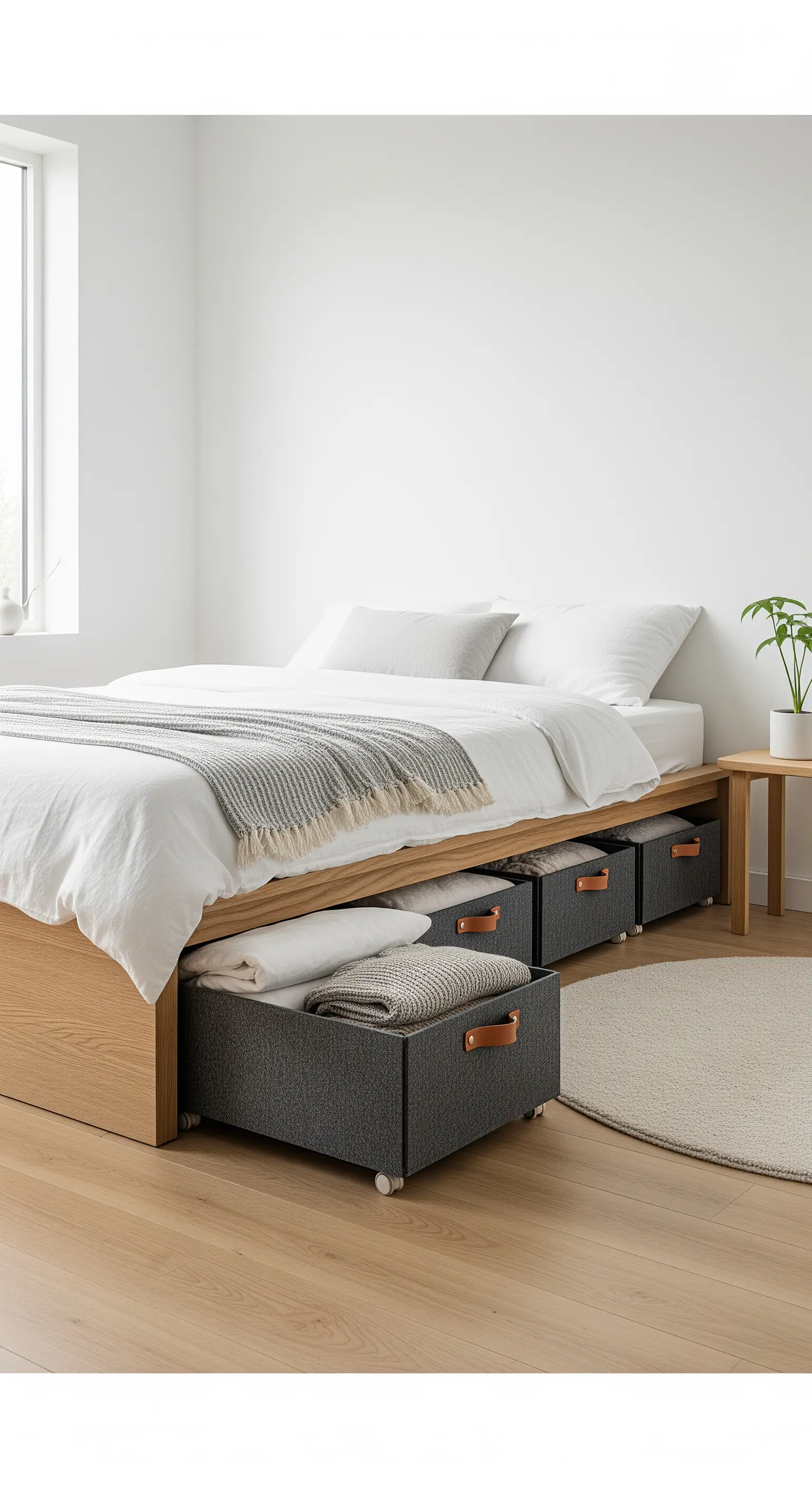 Graue Stoffboxen auf Rollen werden als Stauraum unter ein Holzbett geschoben.