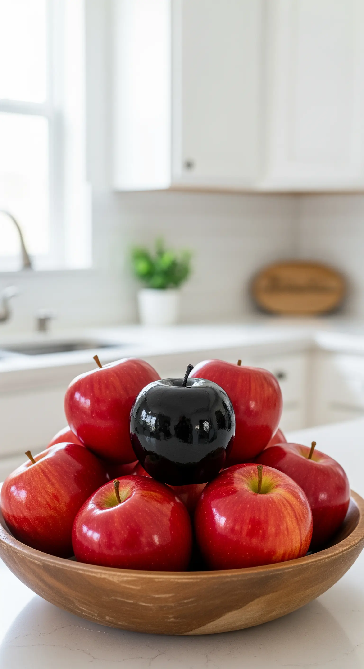 Ein einzelner, glänzend schwarzer Apfel liegt inmitten vieler roter Äpfel in einer Holzschale.