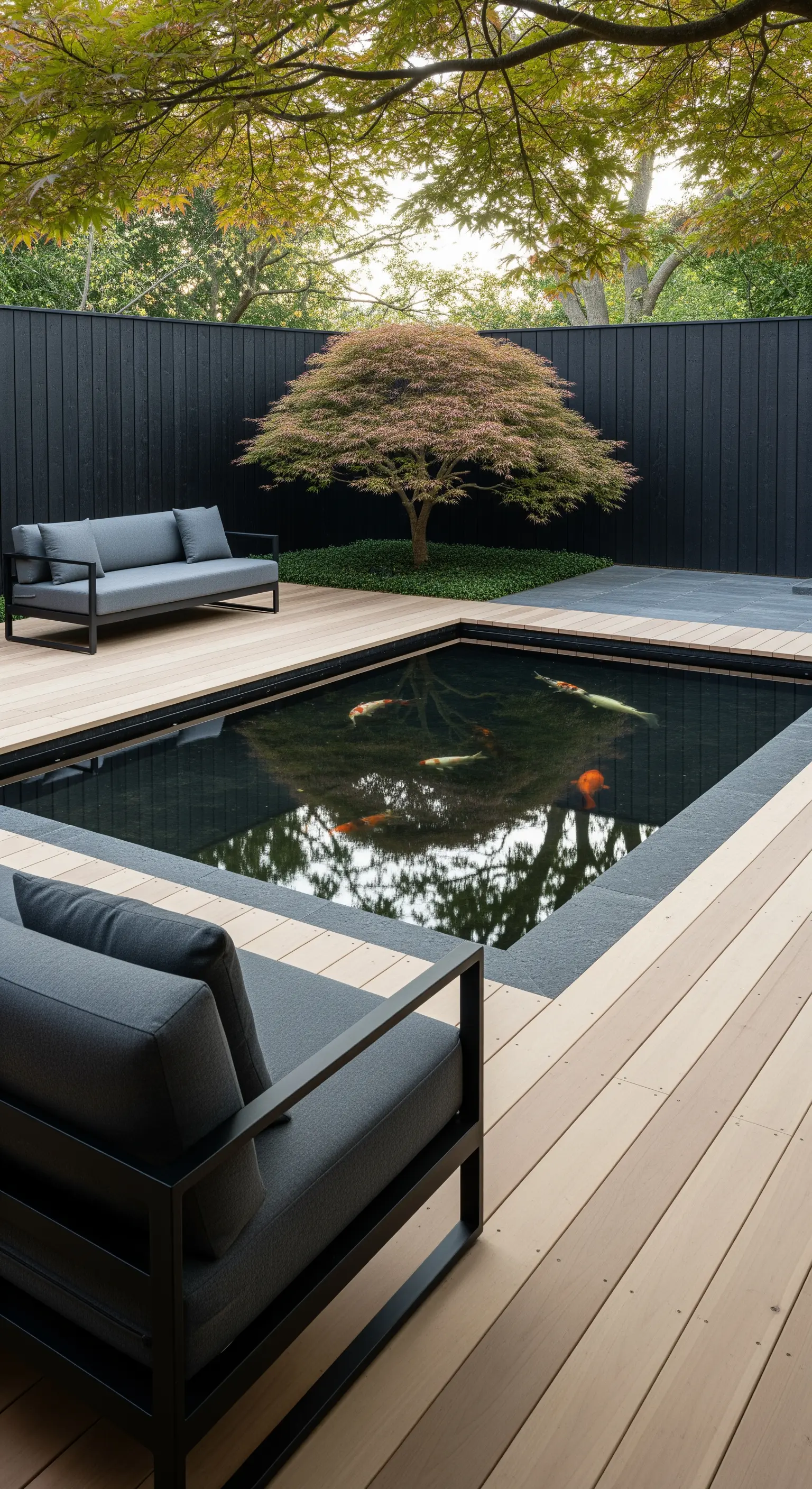 Minimalistischer Koiteich, bündig in eine Holzterrasse eingelassen, mit modernen grauen Sofas.