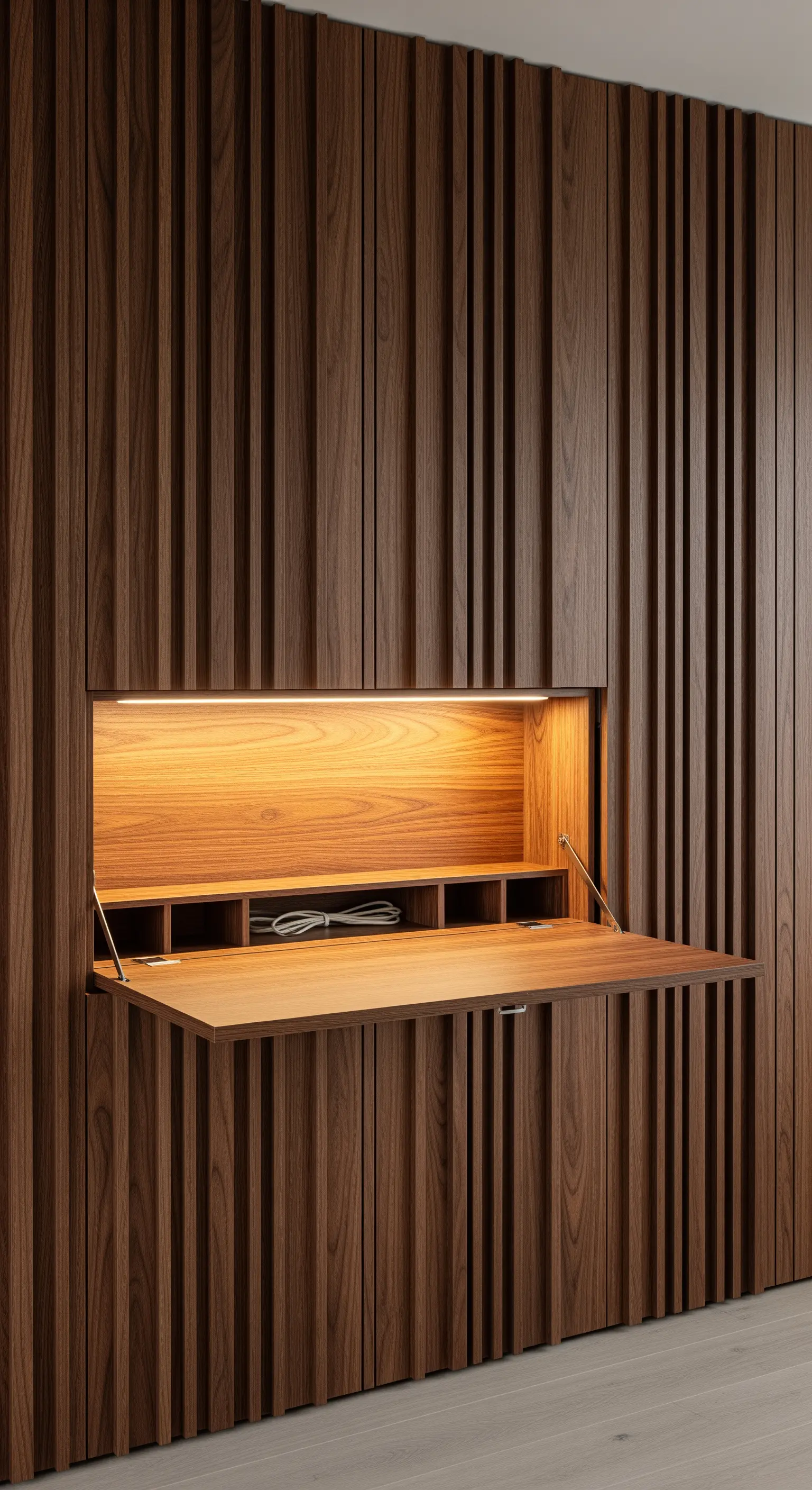 Eine in eine dunkle Holzwand integrierte, beleuchtete Klappe als Ladestation für Technik.