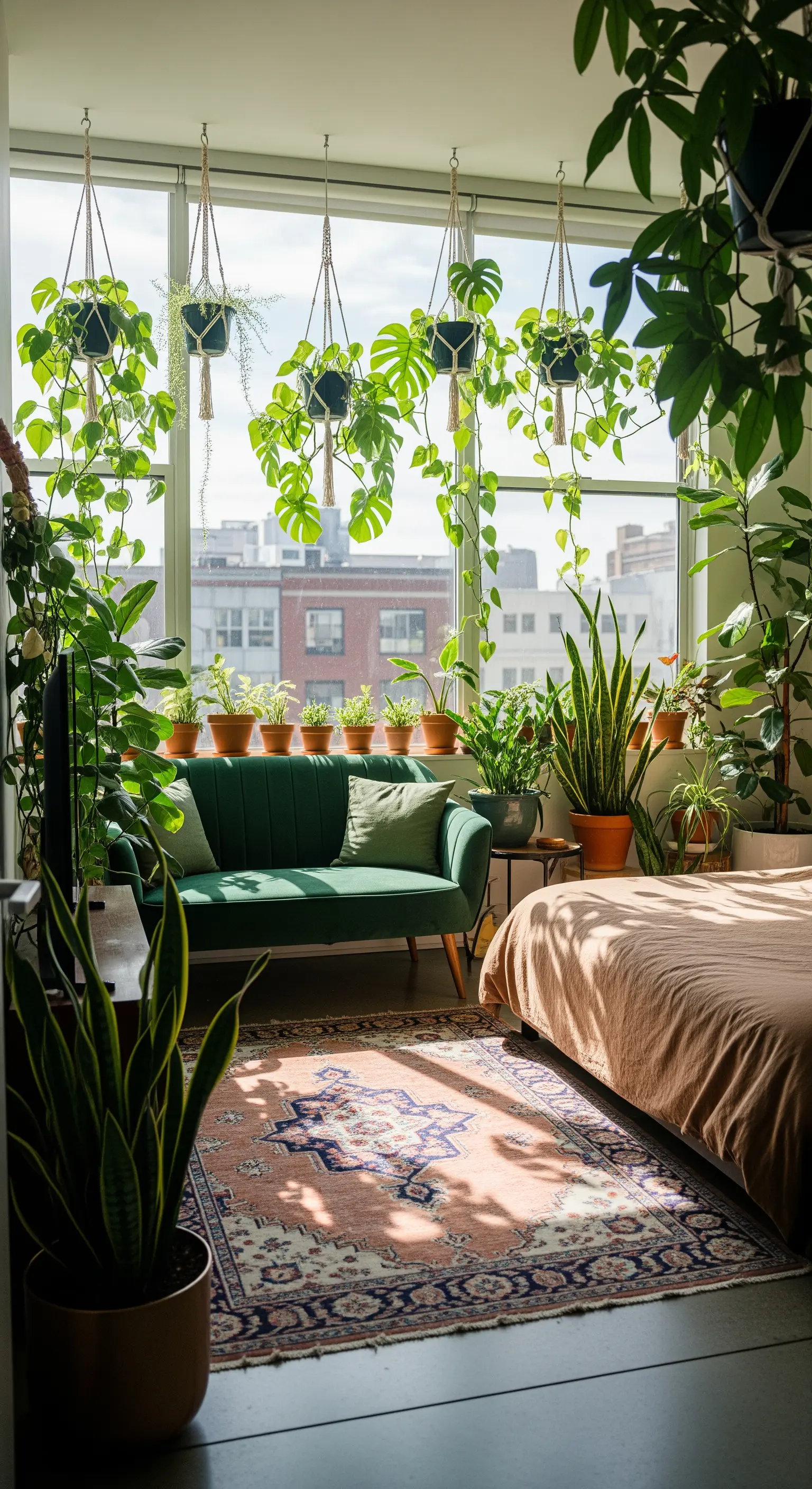 Boho-Studio mit Hängepflanzen vor einem großen Fenster und grünem Samtsofa.