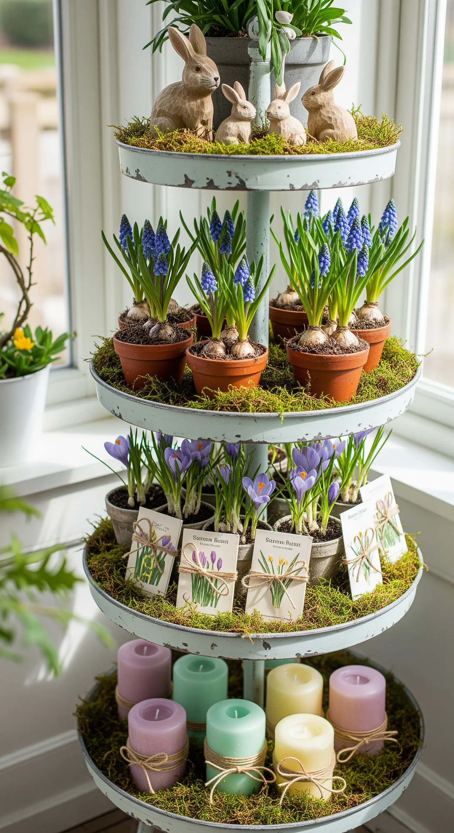 Vierstöckige Etagere im Landhausstil mit Frühblühern und Moos
