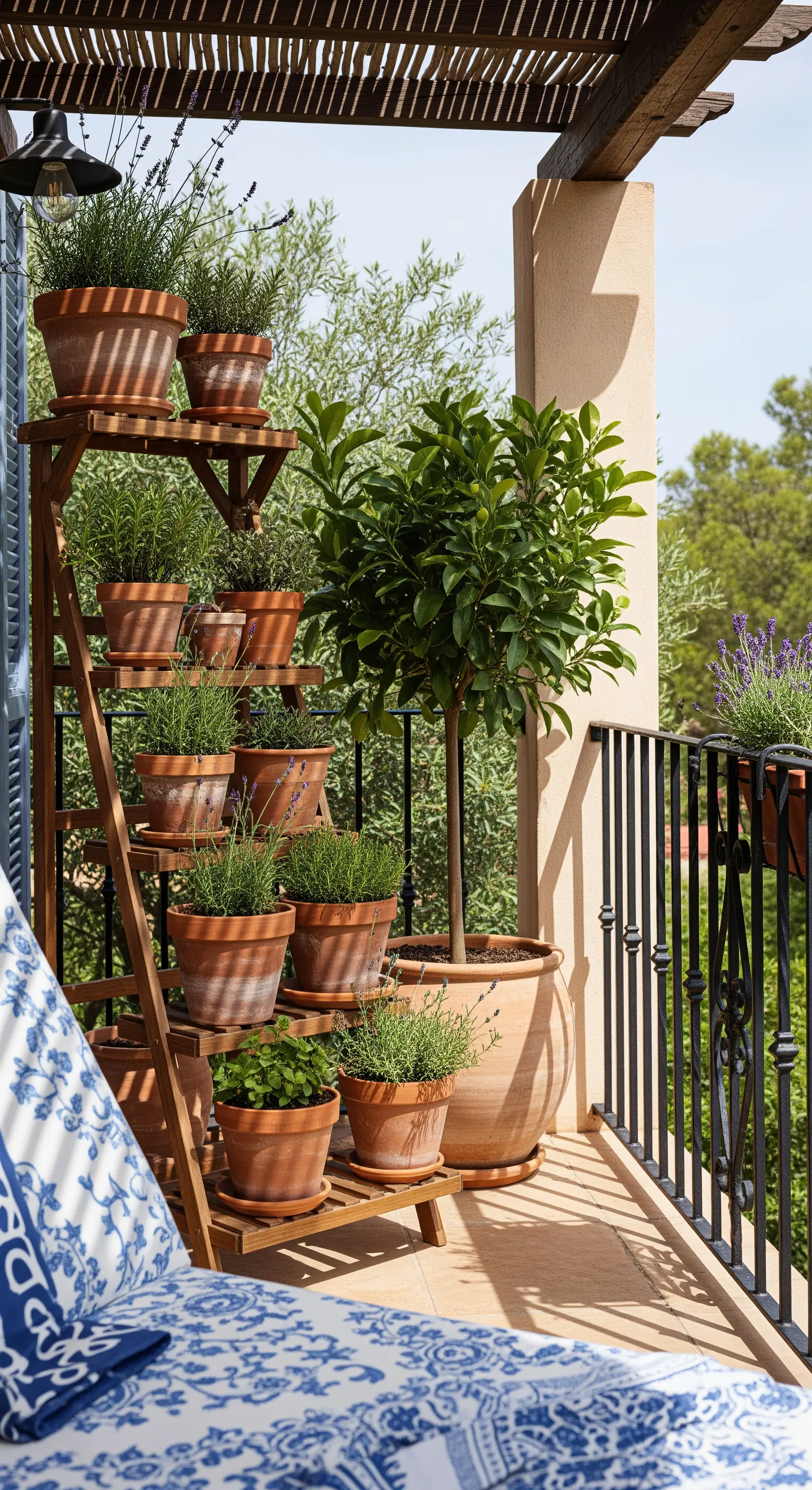 Holz-Etagere mit Kräutern in Terrakottatöpfen neben einem Zitronenbaum auf dem Balkon.