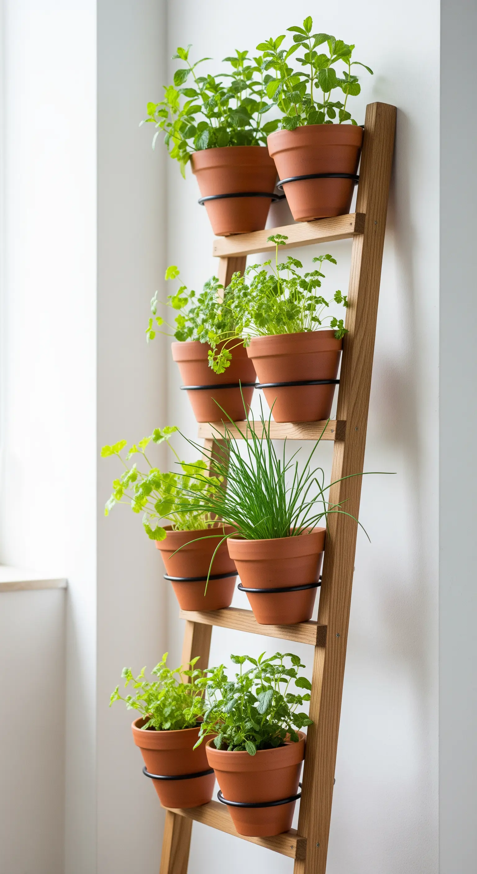 Holzleiter an eine weiße Wand gelehnt, die als vertikaler Garten für Kräuter dient.