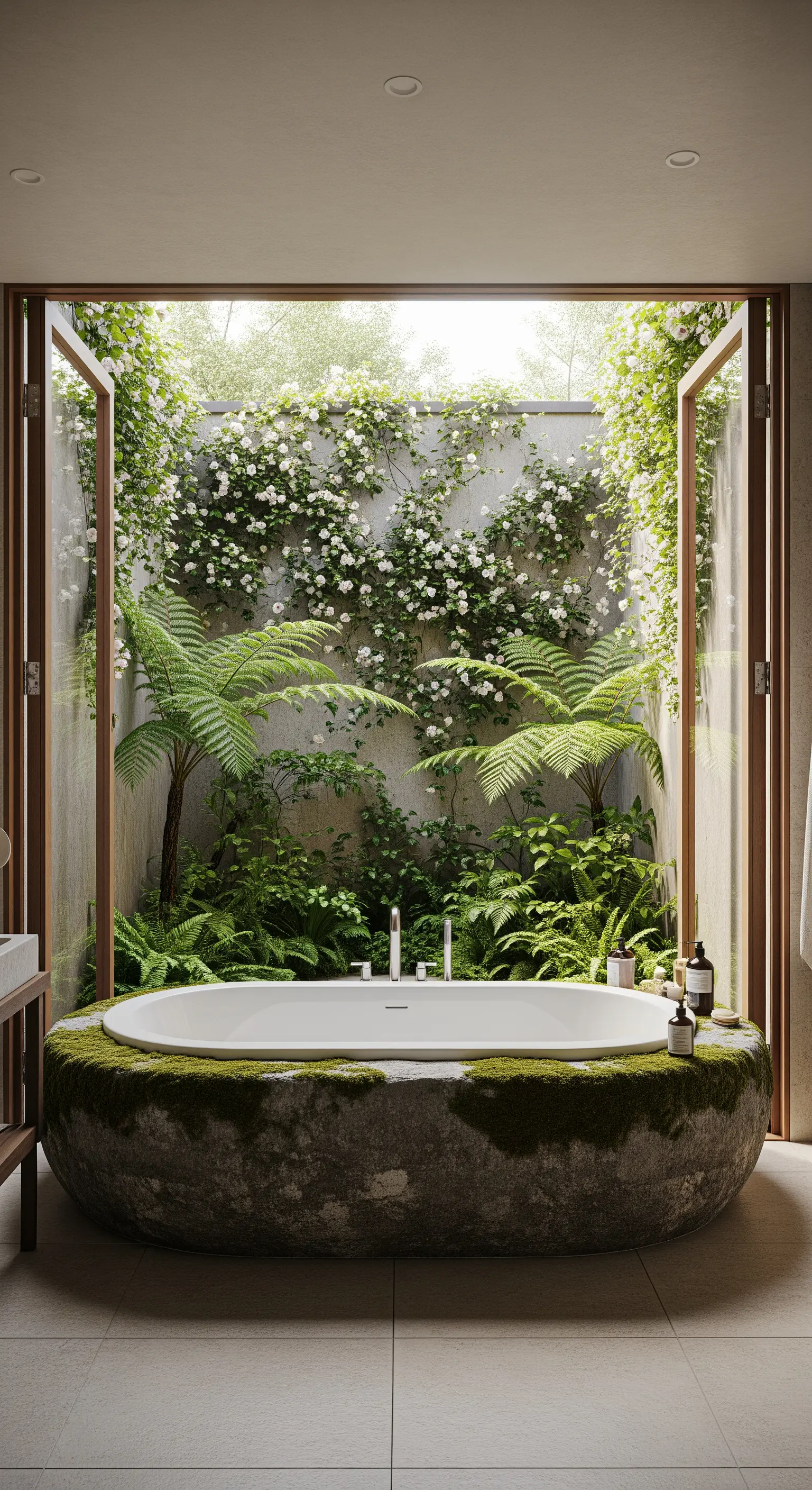 Freistehende Badewanne in einem mit Moos bewachsenen Stein-Podest vor einer offenen, grünen Gartenwand