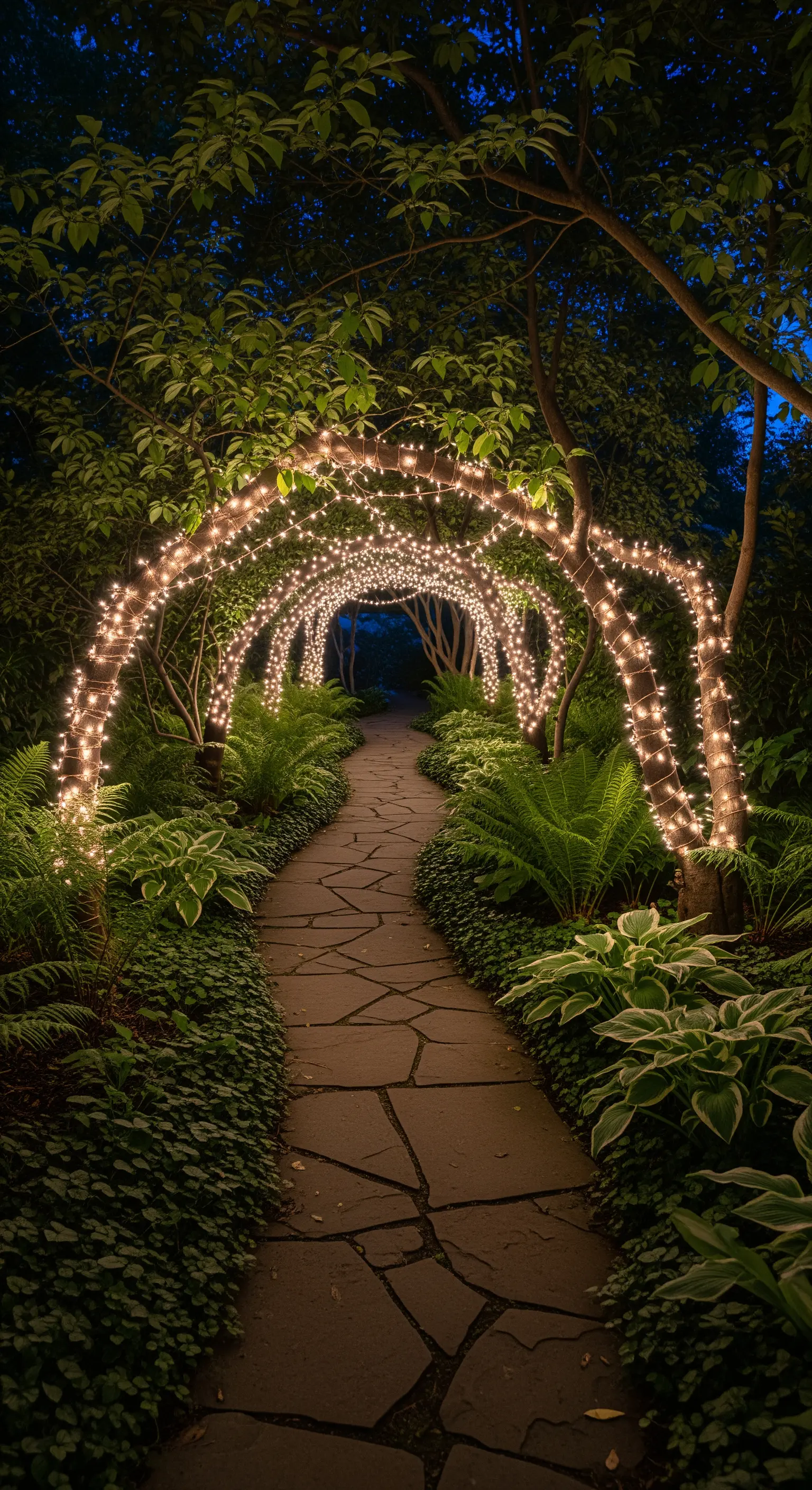 Gartenweg, der durch einen mit Lichterketten umwickelten Bogen aus Ästen führt.