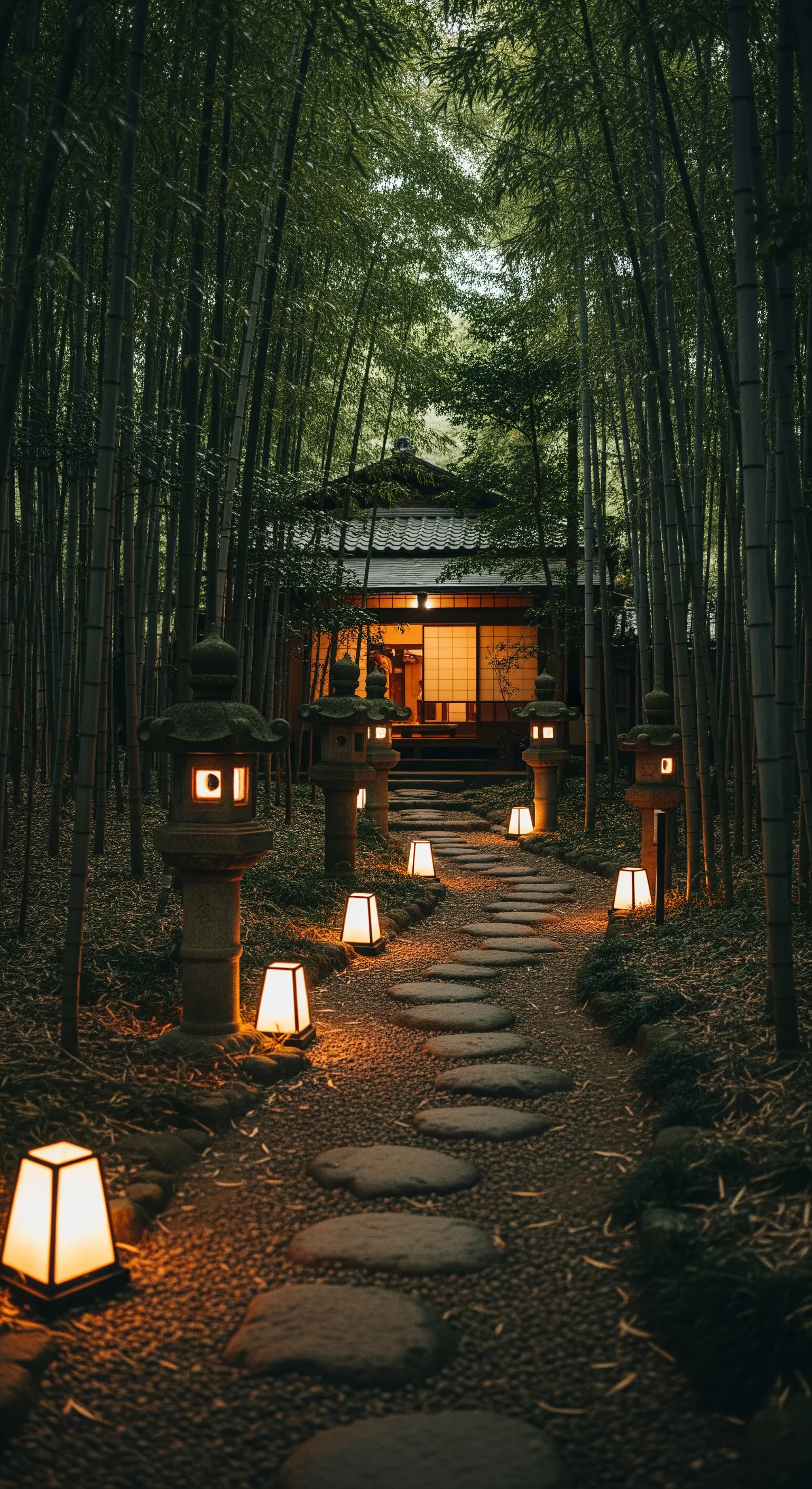 Beleuchteter Steinpfad, der durch einen dichten Bambuswald zu einem traditionellen Haus führt.