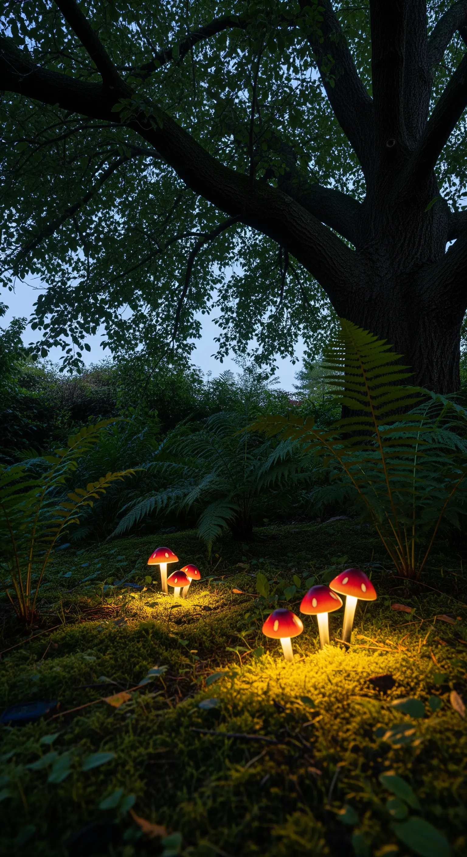 Kleine, leuchtende Pilz-Lampen stehen in einer moosigen, waldähnlichen Ecke unter einem großen Baum.