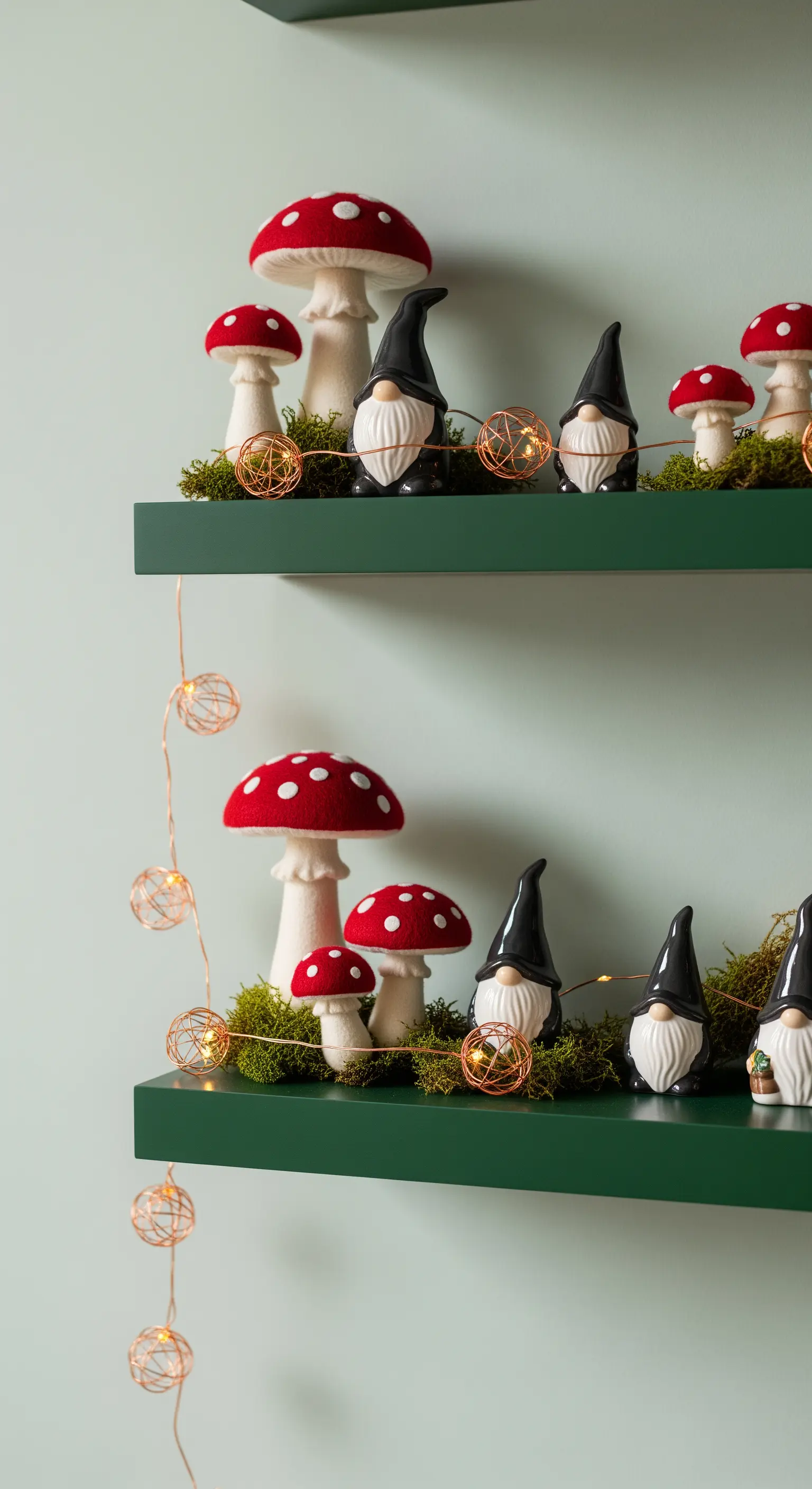 Märchenhafte Regal-Deko mit Wichteln, Fliegenpilzen und Lichterketten.