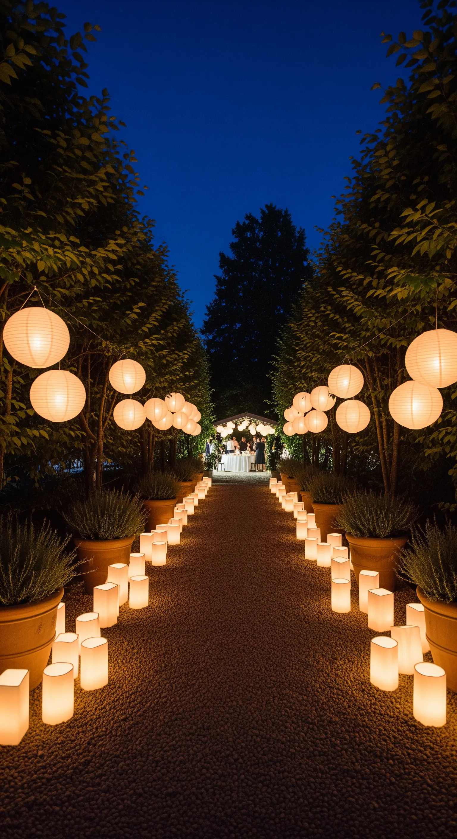 Ein von zahlreichen Bodenkerzen und hängenden Papierlampions erleuchteter Kiesweg bei Nacht