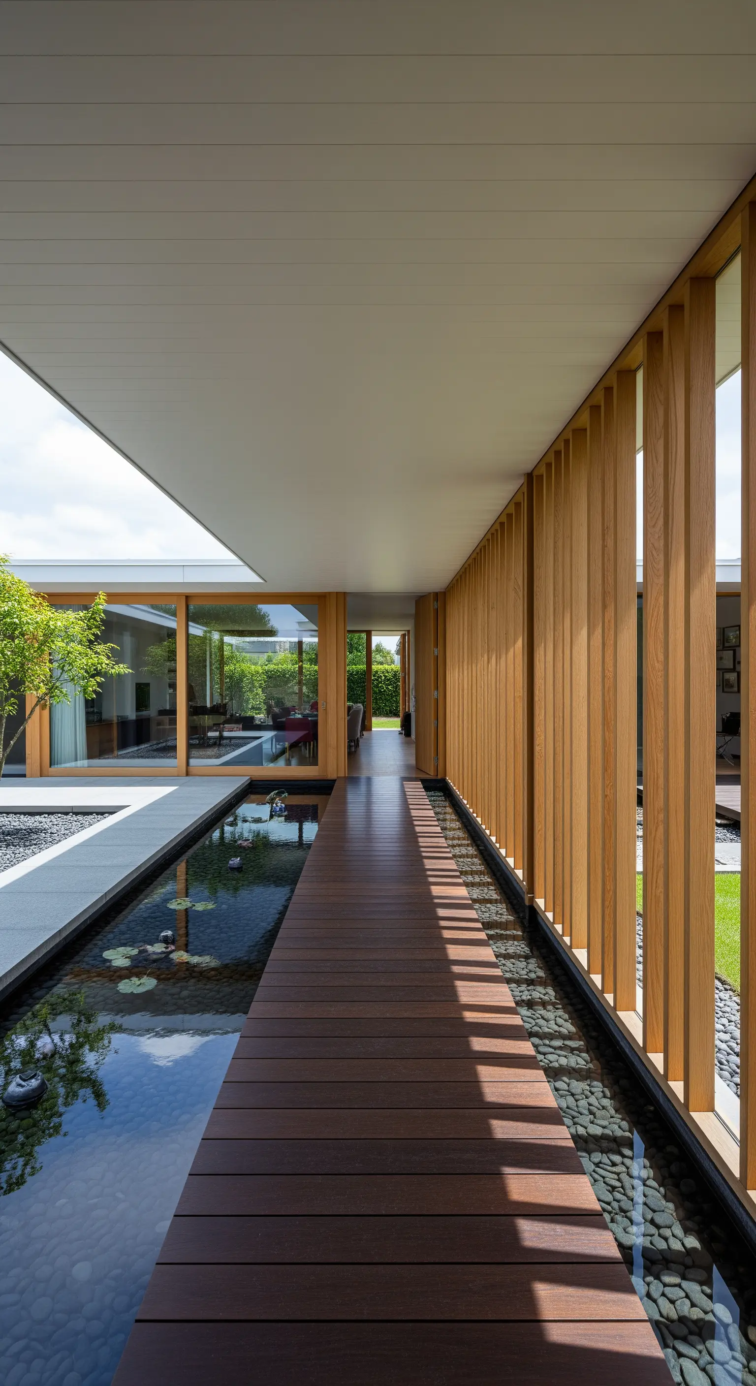 Überdachter Holzsteg, der über ein Wasserbecken führt, flankiert von vertikalen Holzlamellen.