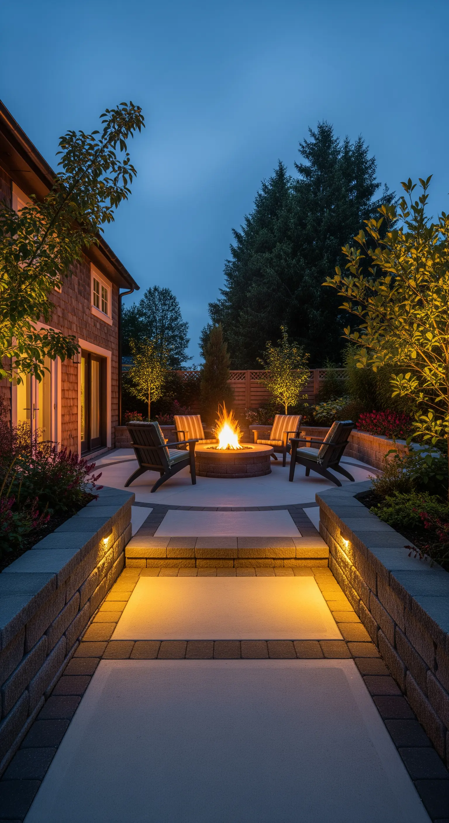 In eine niedrige Steinmauer eingelassene Lichter beleuchten den Weg zu einer Feuerstelle.