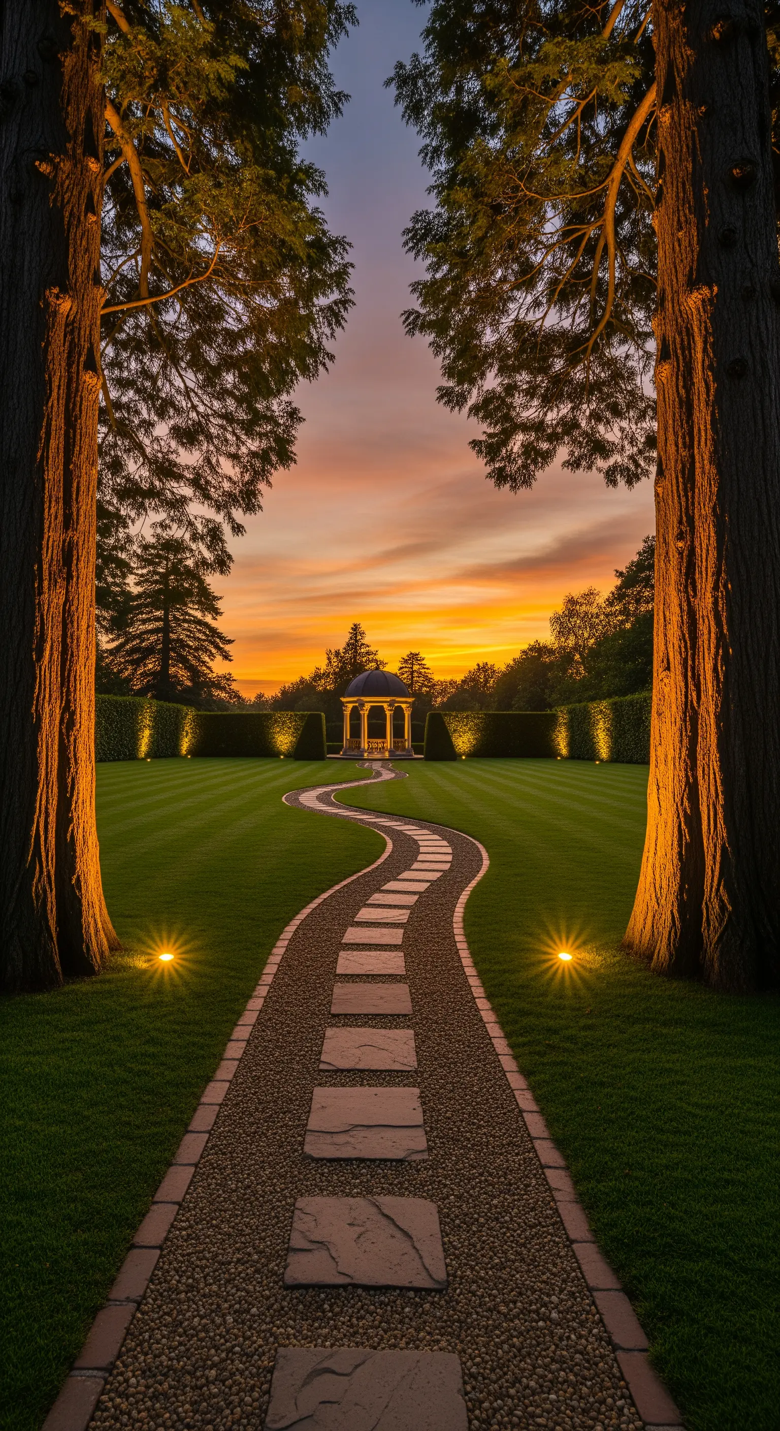 Geschwungener Gartenweg zu einem Pavillon, flankiert von beleuchteten Bäumen.