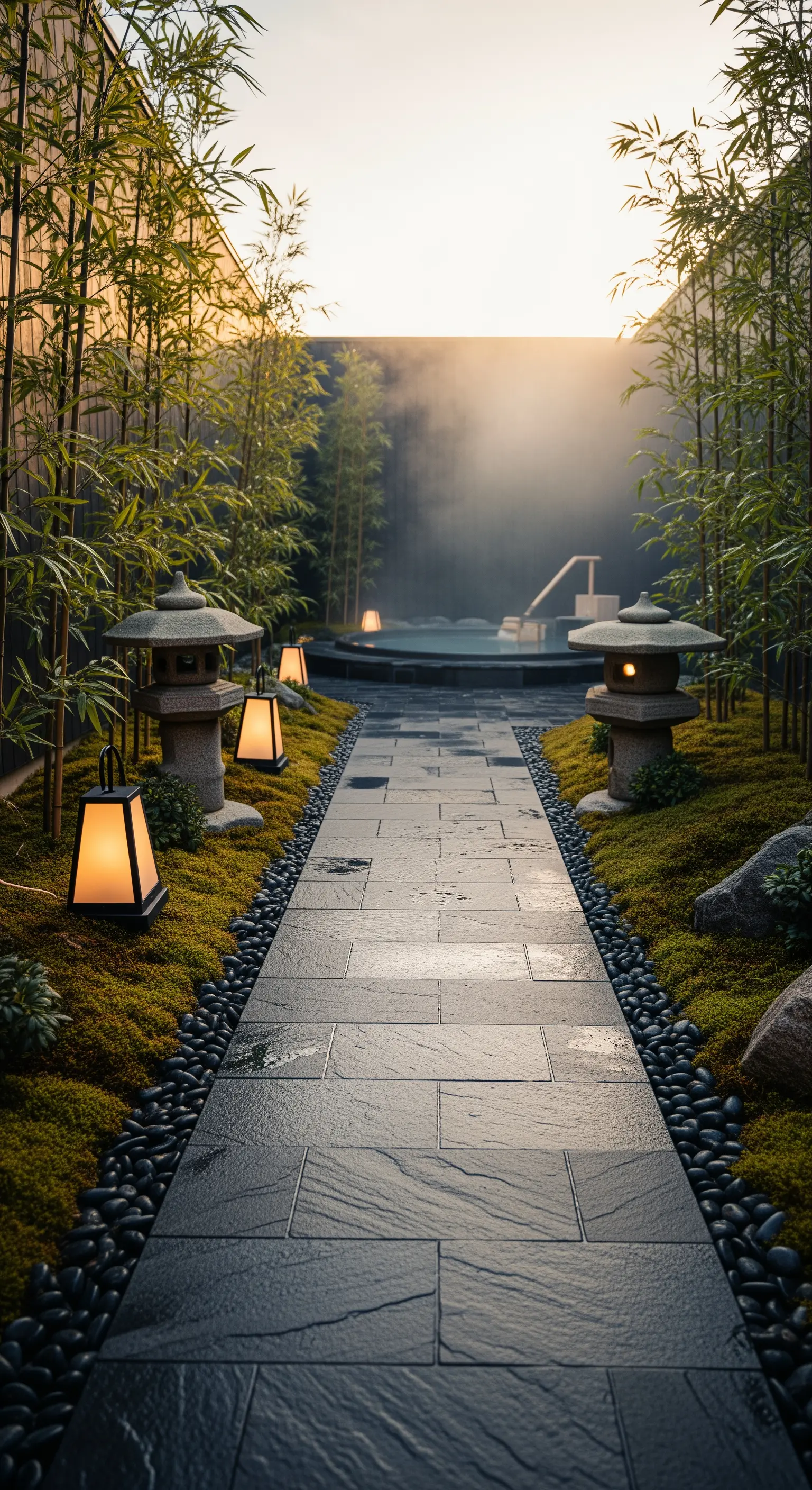 Ein beleuchteter Steinweg, der zu einem dampfenden Onsen-Pool führt, gesäumt von Moos und Bambus.