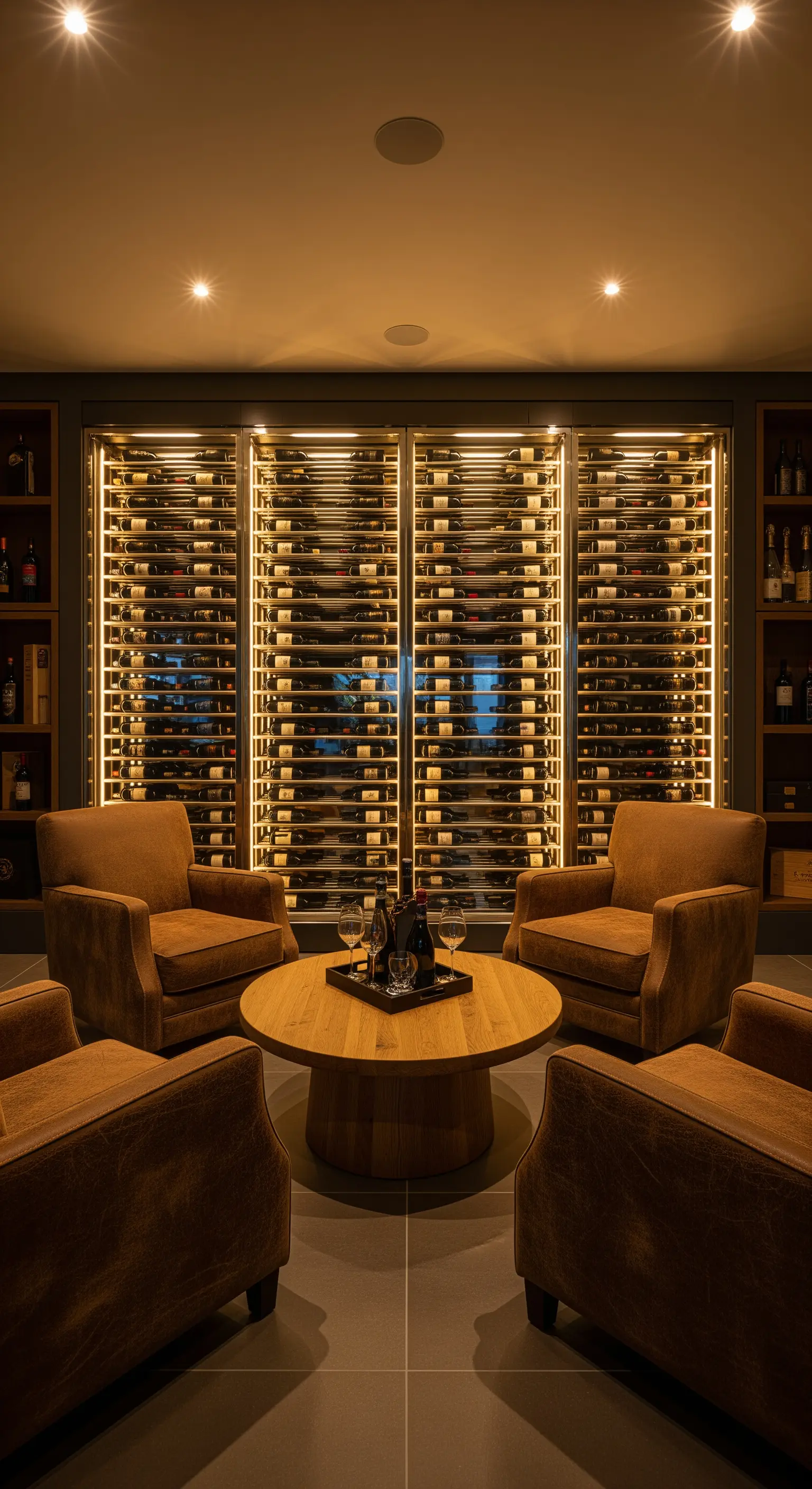Eleganter Weinverkostungsraum mit beleuchtetem Weinregal und vier braunen Sesseln um einen Holztisch.