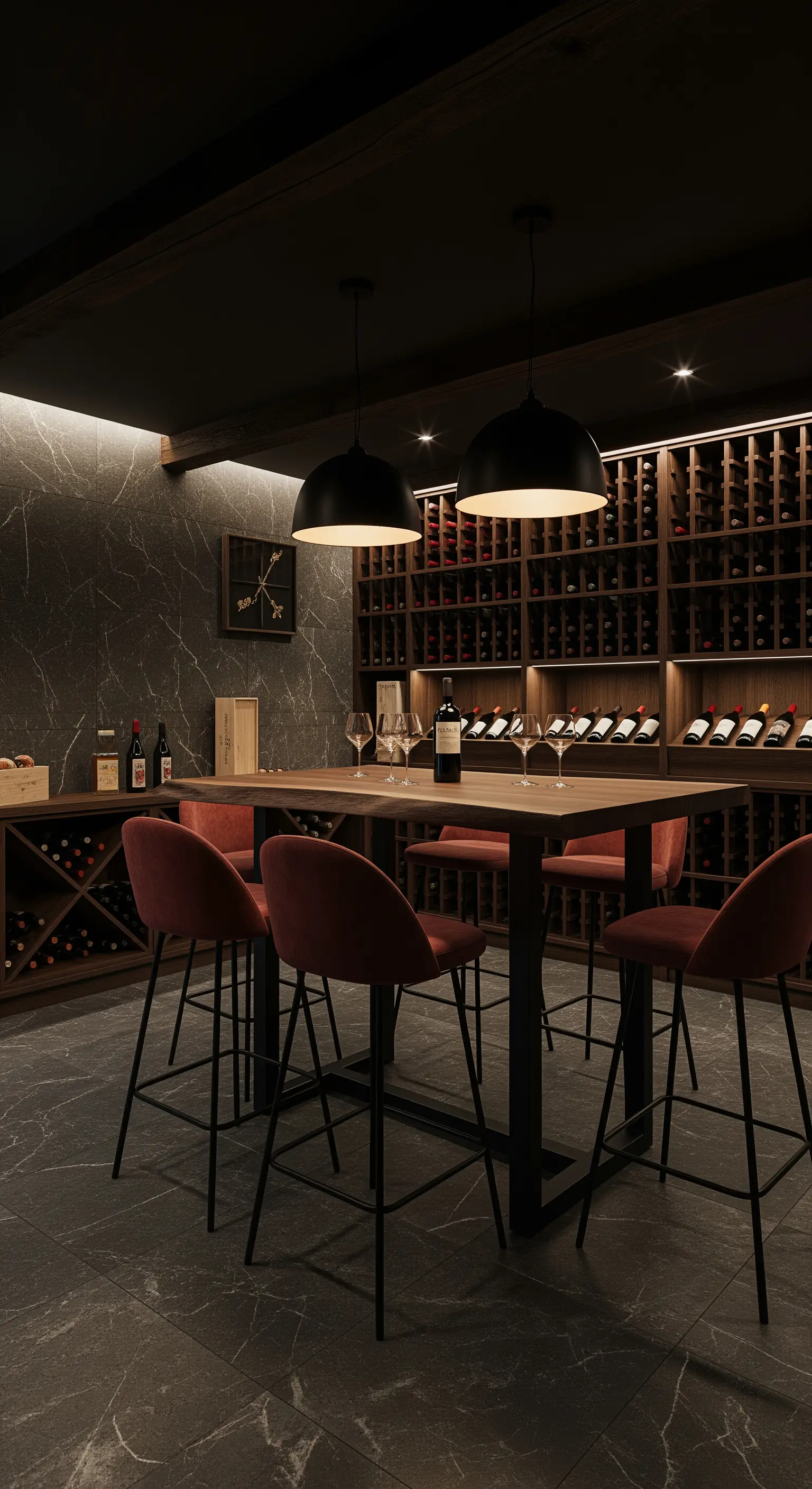 Moderner Weinkeller mit Marmorboden, Holzregalen und rostbraunen Samt-Barstühlen