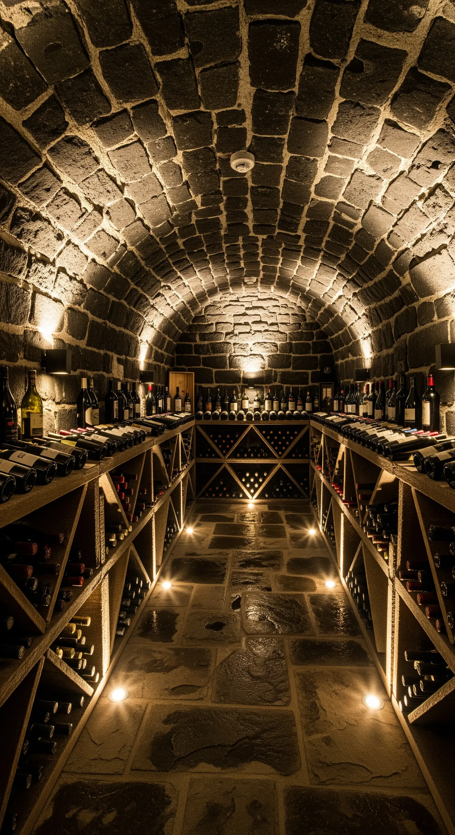 Rustikaler Weinkeller mit gewölbter Decke aus Naturstein und indirekter Beleuchtung.