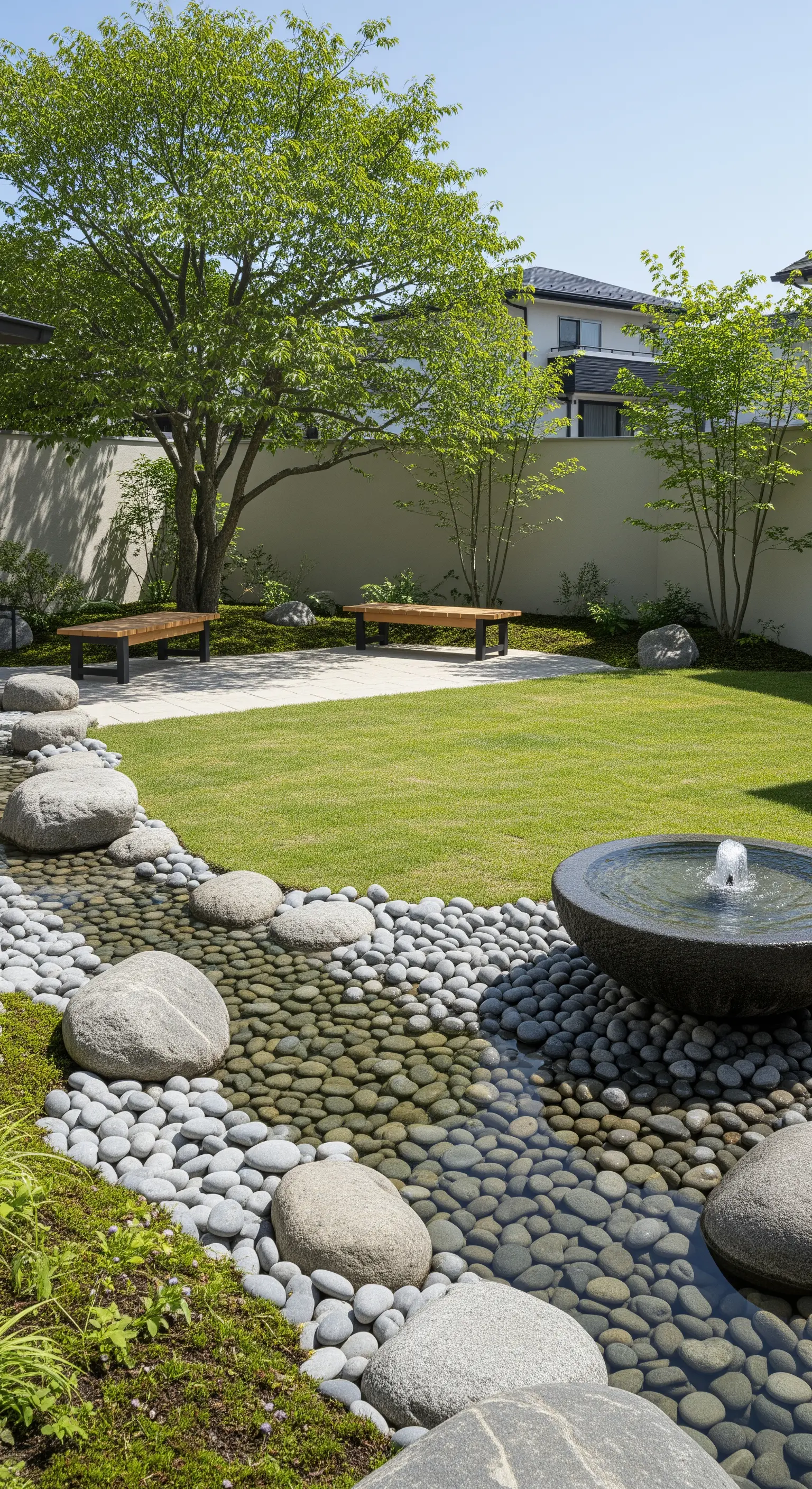 Moderner Garten mit einem Bachbett aus Kieselsteinen und einem sprudelnden Schalenbrunnen.