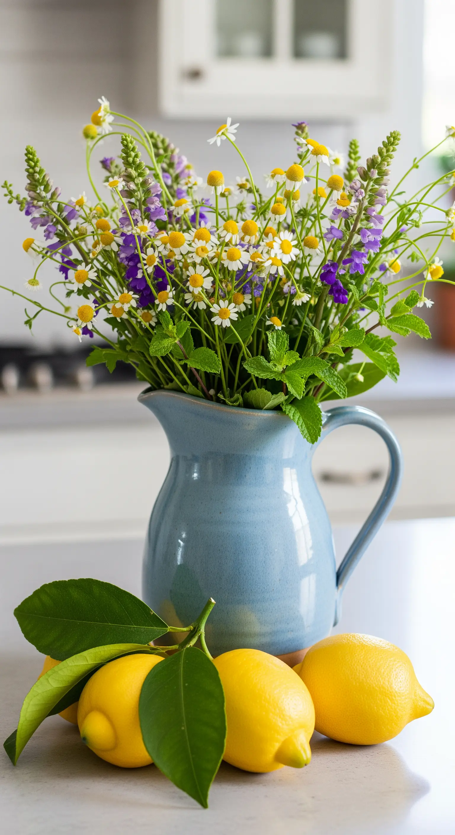 Ein blauer Keramikkrug mit einem Strauß Wiesenblumen, daneben liegen frische Zitronen mit Blättern.