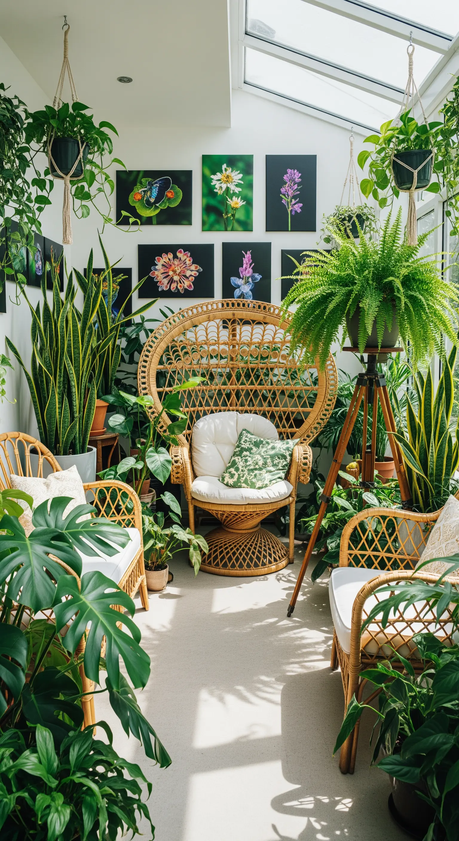 Lichtdurchfluteter Wintergarten mit Rattanmöbeln, vielen Pflanzen und einer Galerie von Blumen-Makrofotos.