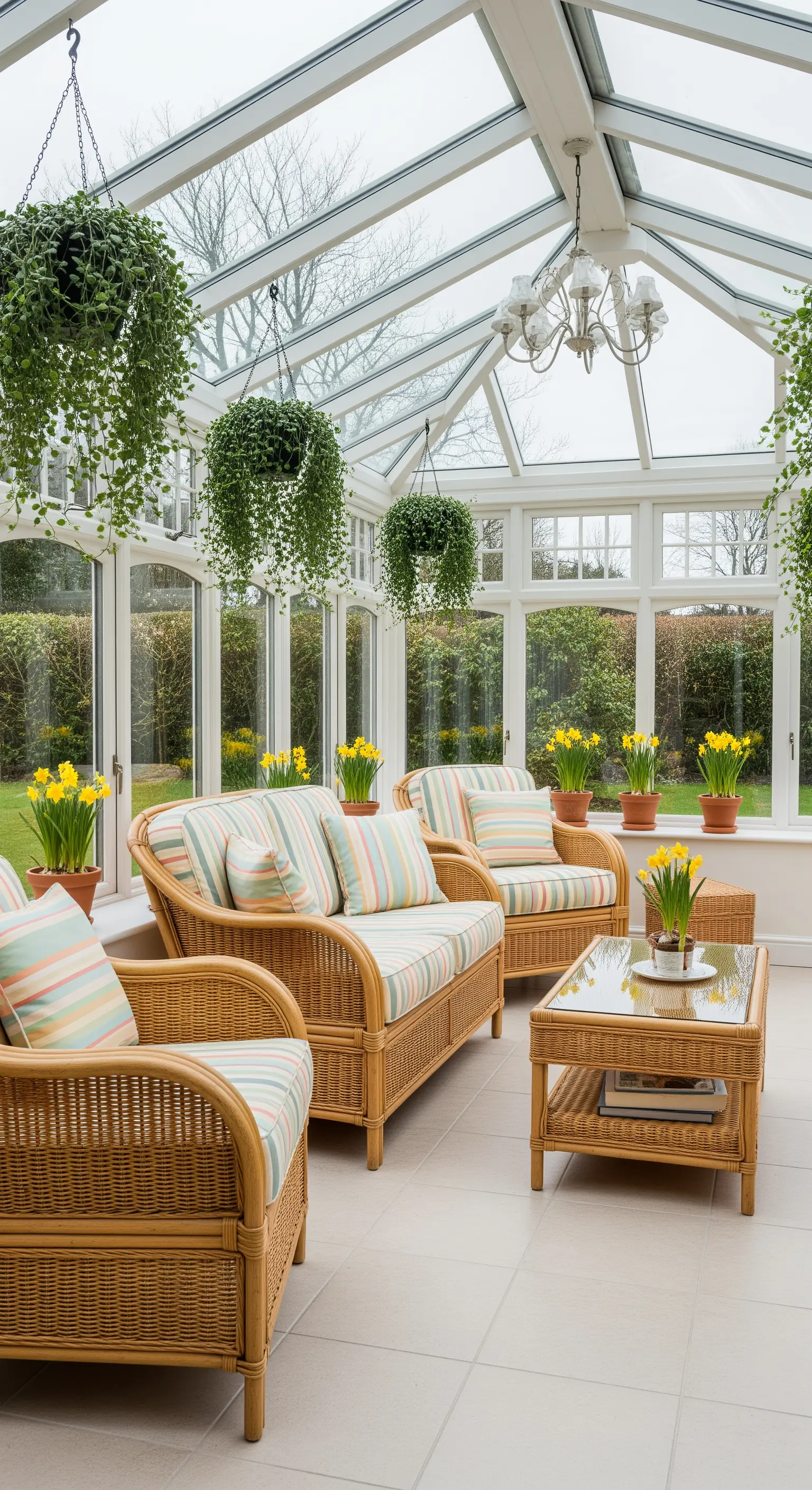 Heller Wintergarten, eingerichtet mit Rattanmöbeln und vielen Töpfen mit gelben Narzissen.