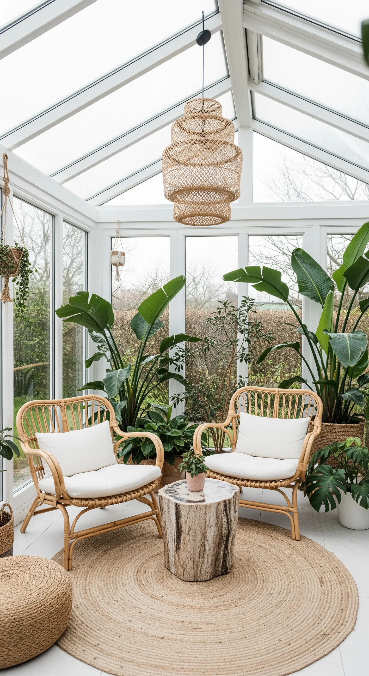 Lichtdurchfluteter Wintergarten mit Rattan-Sesseln und großen tropischen Pflanzen.