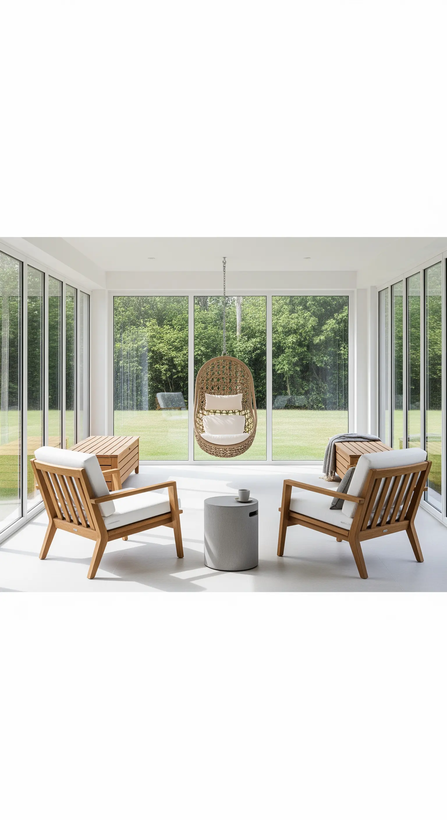Heller Wintergarten mit Holzsesseln, einem Hängesessel und Blick in den grünen Garten.