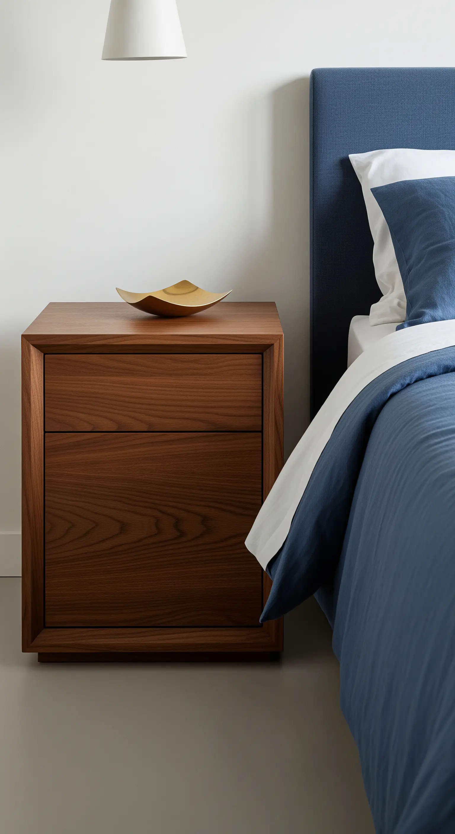 Kubischer Nachttisch aus dunklem Walnussholz mit einer goldenen Dekoschale.