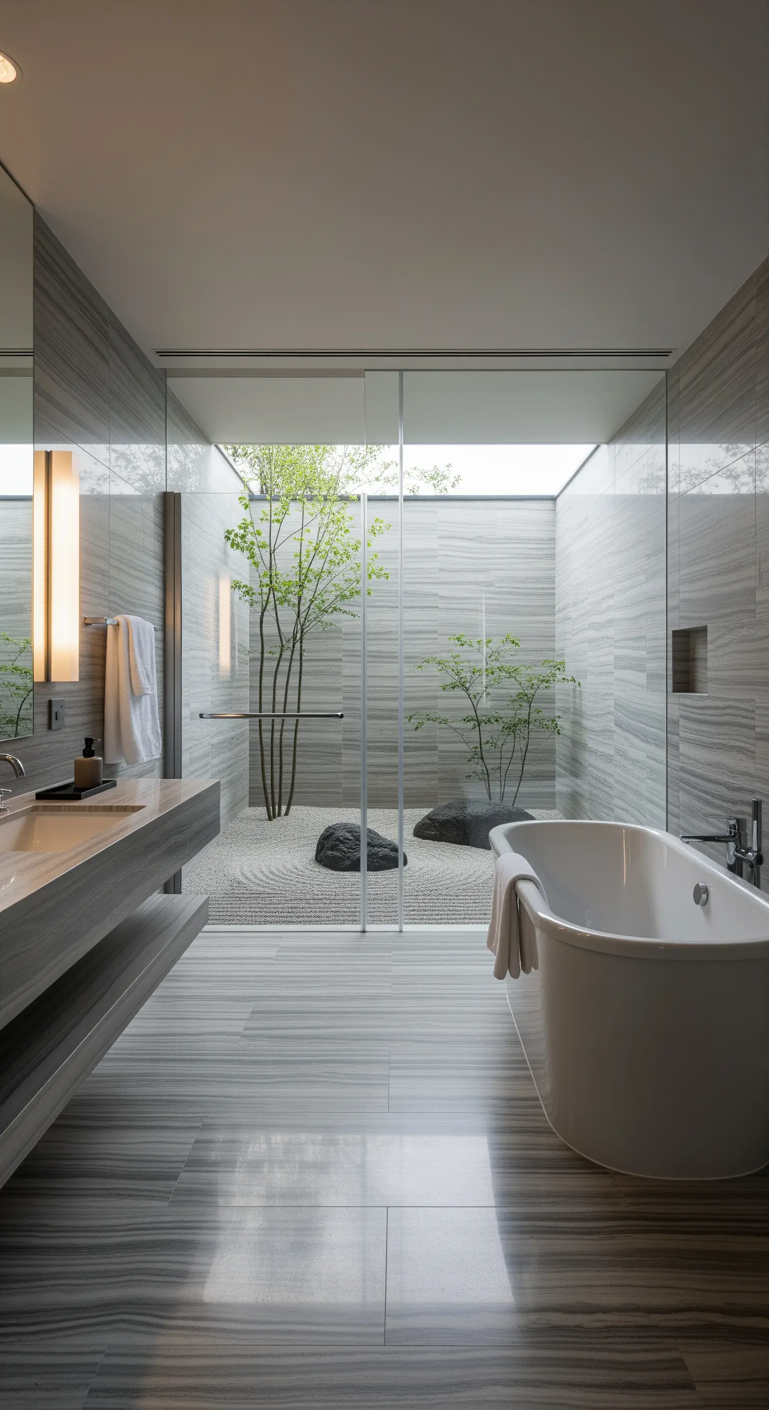 Minimalistisches Badezimmer mit einem kleinen, verglasten Zen-Garten mit Kies und Bäumen.