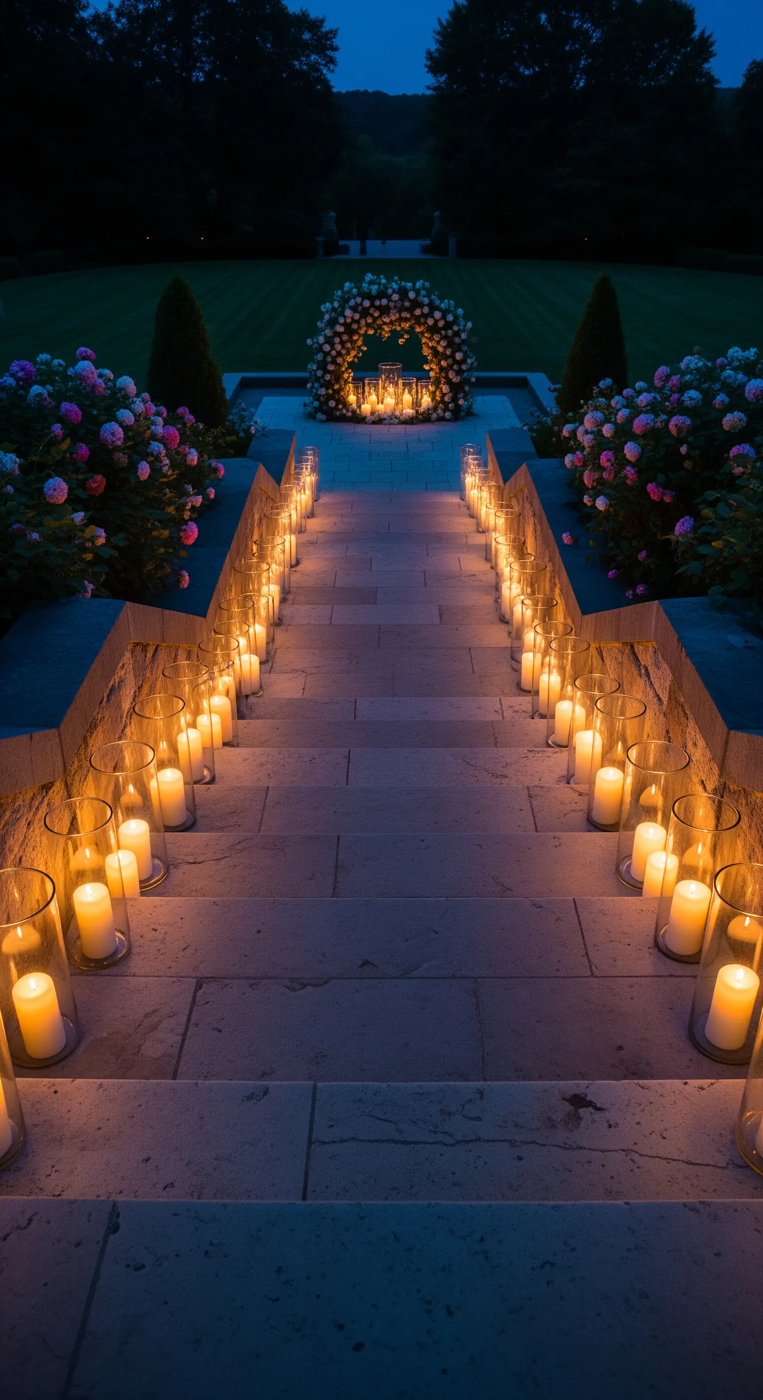Eine breite Steintreppe, deren Ränder auf jeder Stufe mit großen Kerzen in Glaszylindern gesäumt sind.