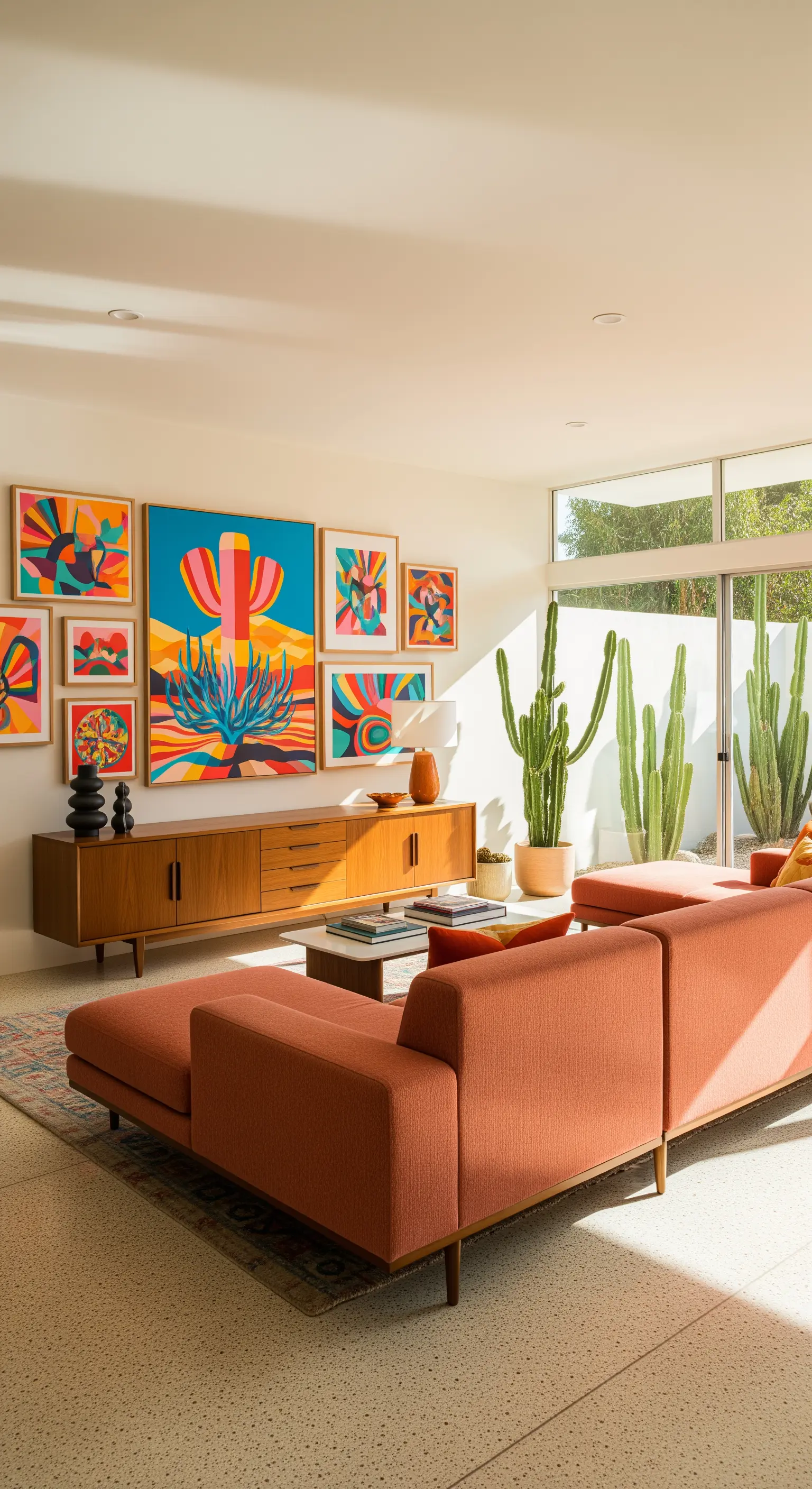 Eine farbenfrohe Galeriewand mit Wüstenmotiven über einem Sideboard im Mid-Century-Stil.