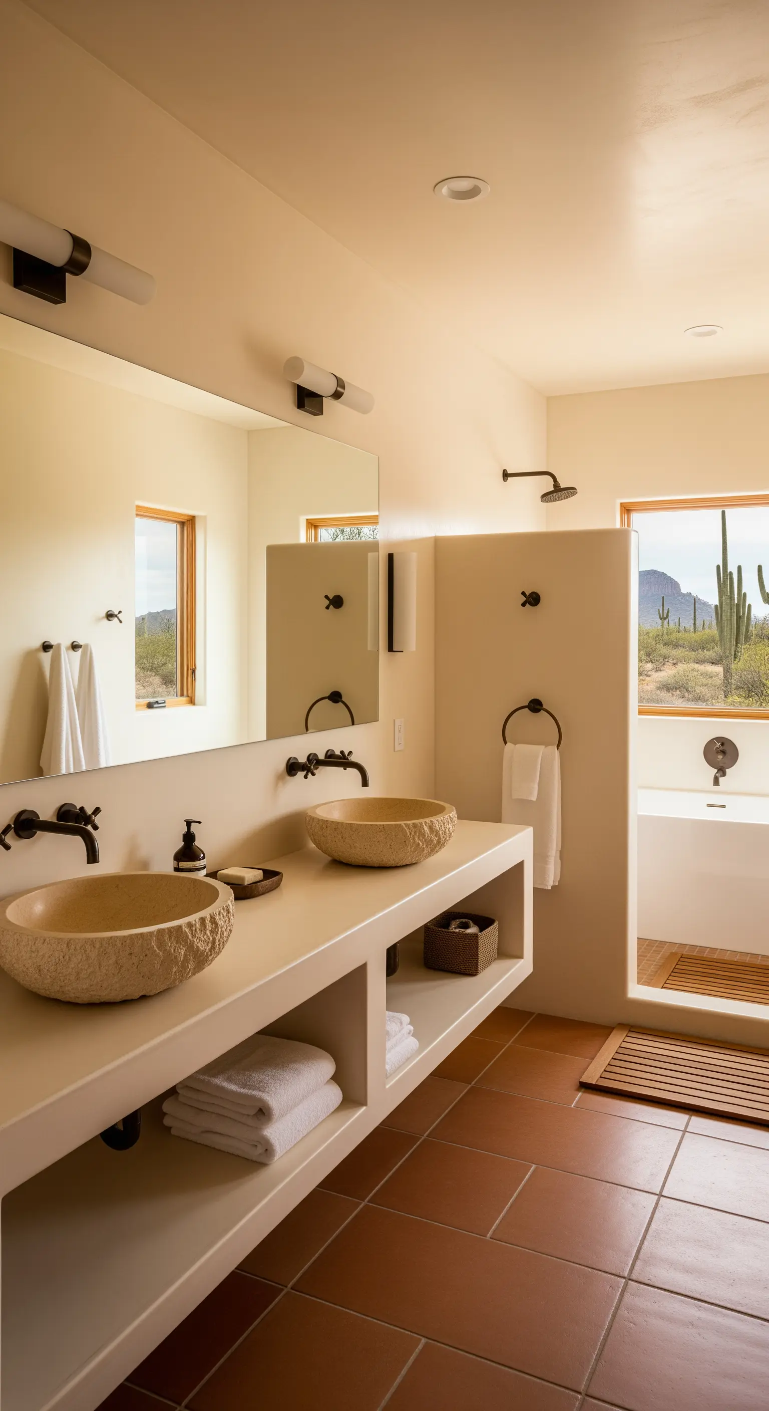 Badezimmer im Wüsten-Stil mit Naturstein-Waschbecken und integriertem Waschtisch.