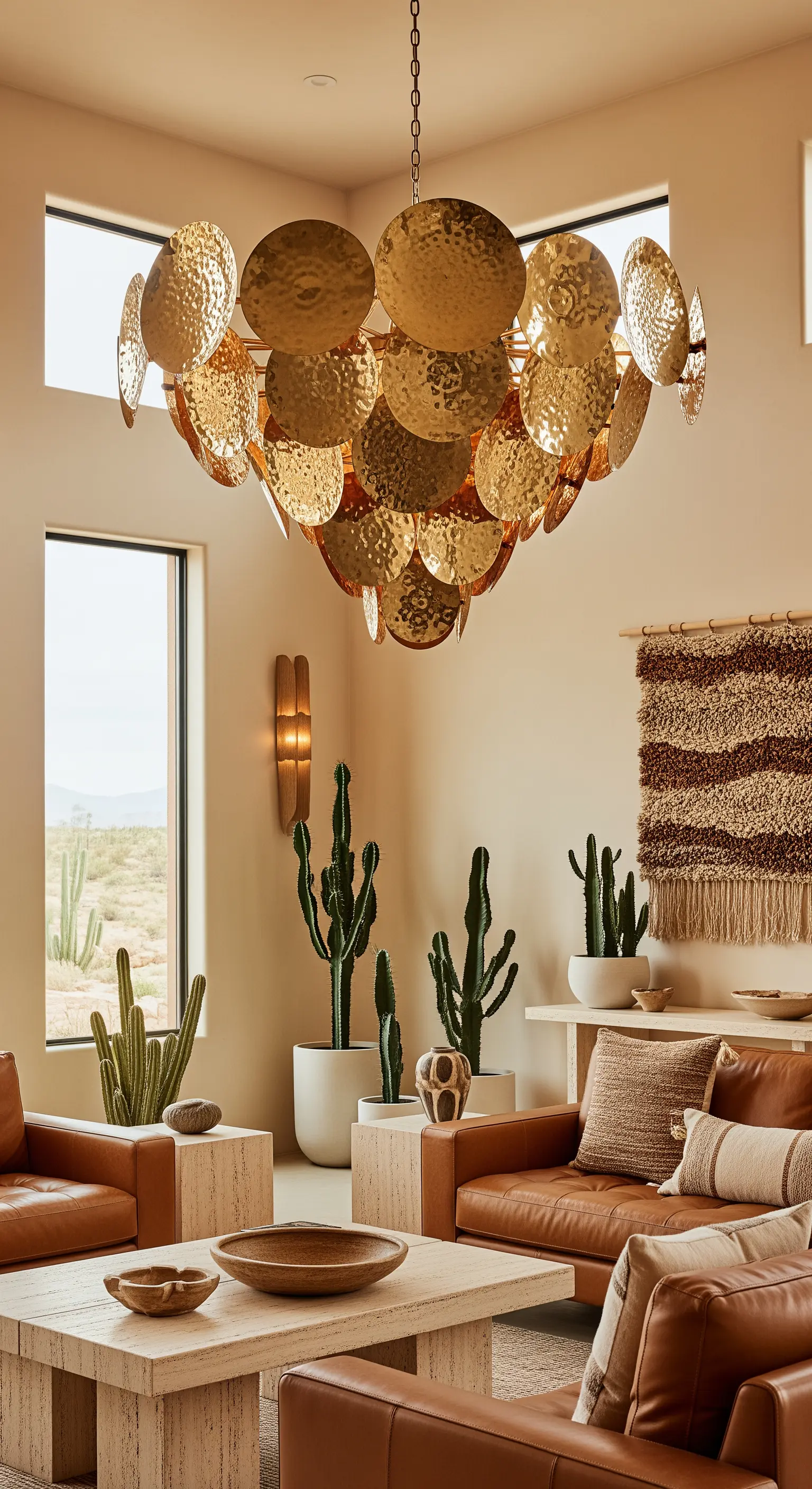 Goldener Kronleuchter aus gehämmerten Metallscheiben in einem Wohnzimmer im Desert-Modern-Stil.