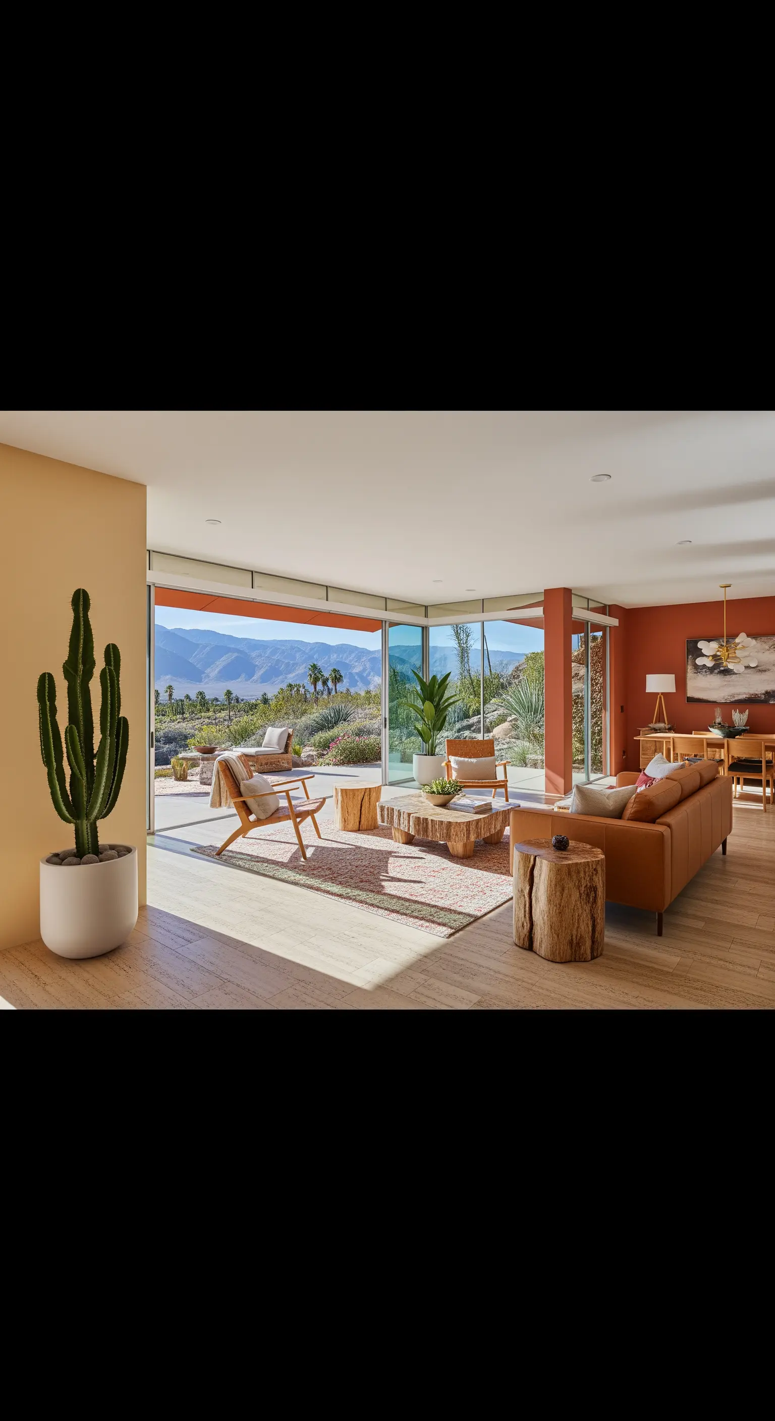 Modernes Wohnzimmer im Wüstenstil mit Terrakotta-Wand, Ledersofa und großem Kaktus.