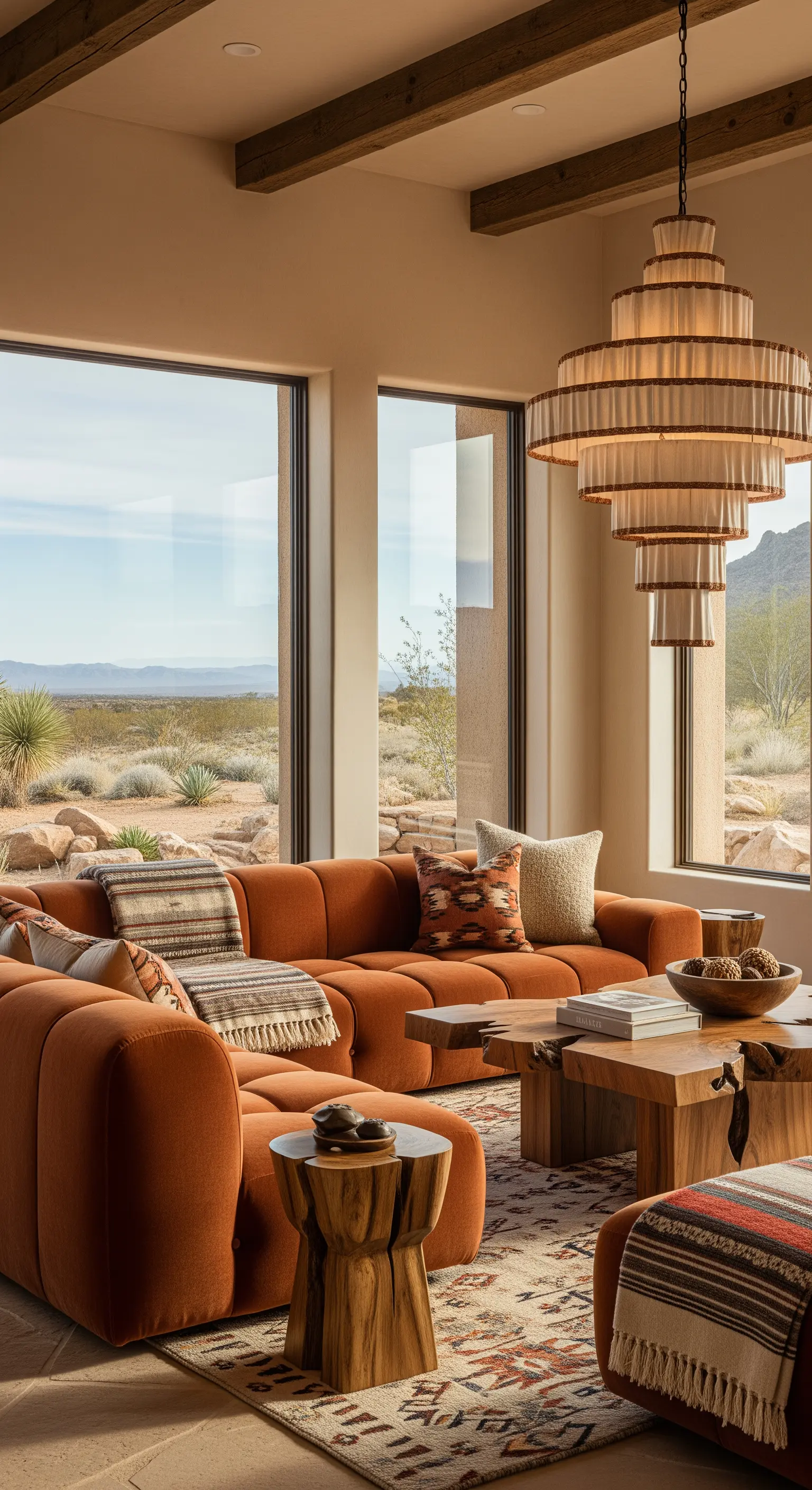 Terrakottafarbenes modulares Sofa in einem modernen Haus im Wüstenstil mit Blick auf die Landschaft.