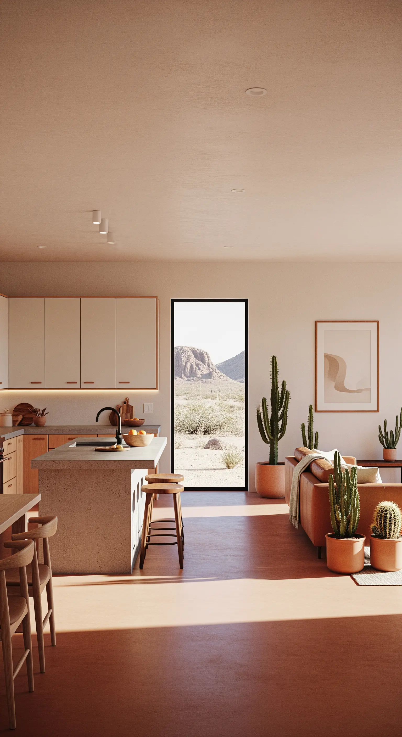 Wohnküche im Desert-Modernism-Stil mit Terrakotta-Boden und Kakteen.