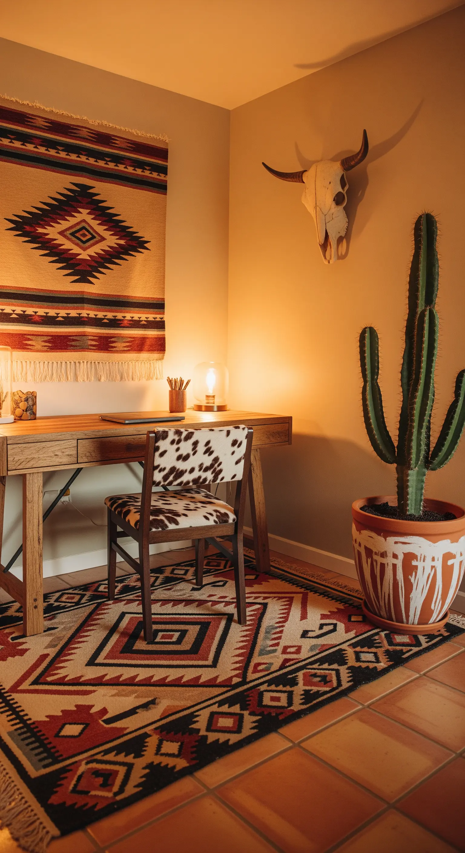 Southwestern-Boho-Homeoffice mit Kelim-Teppich, Kaktus und Tierschädel