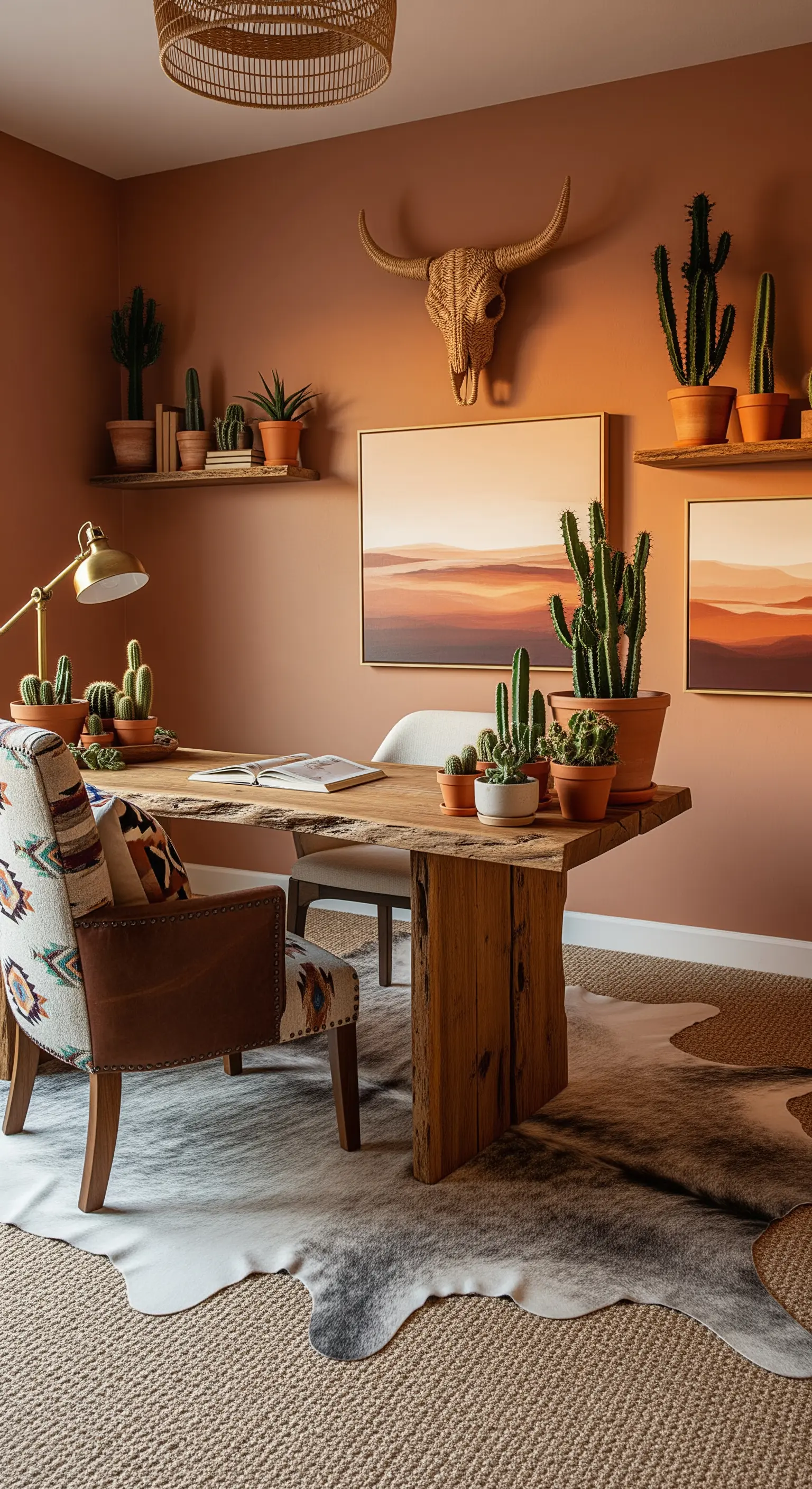 Homeoffice mit terrakottafarbenen Wänden, Kakteen und einem Schreibtisch aus Altholz.