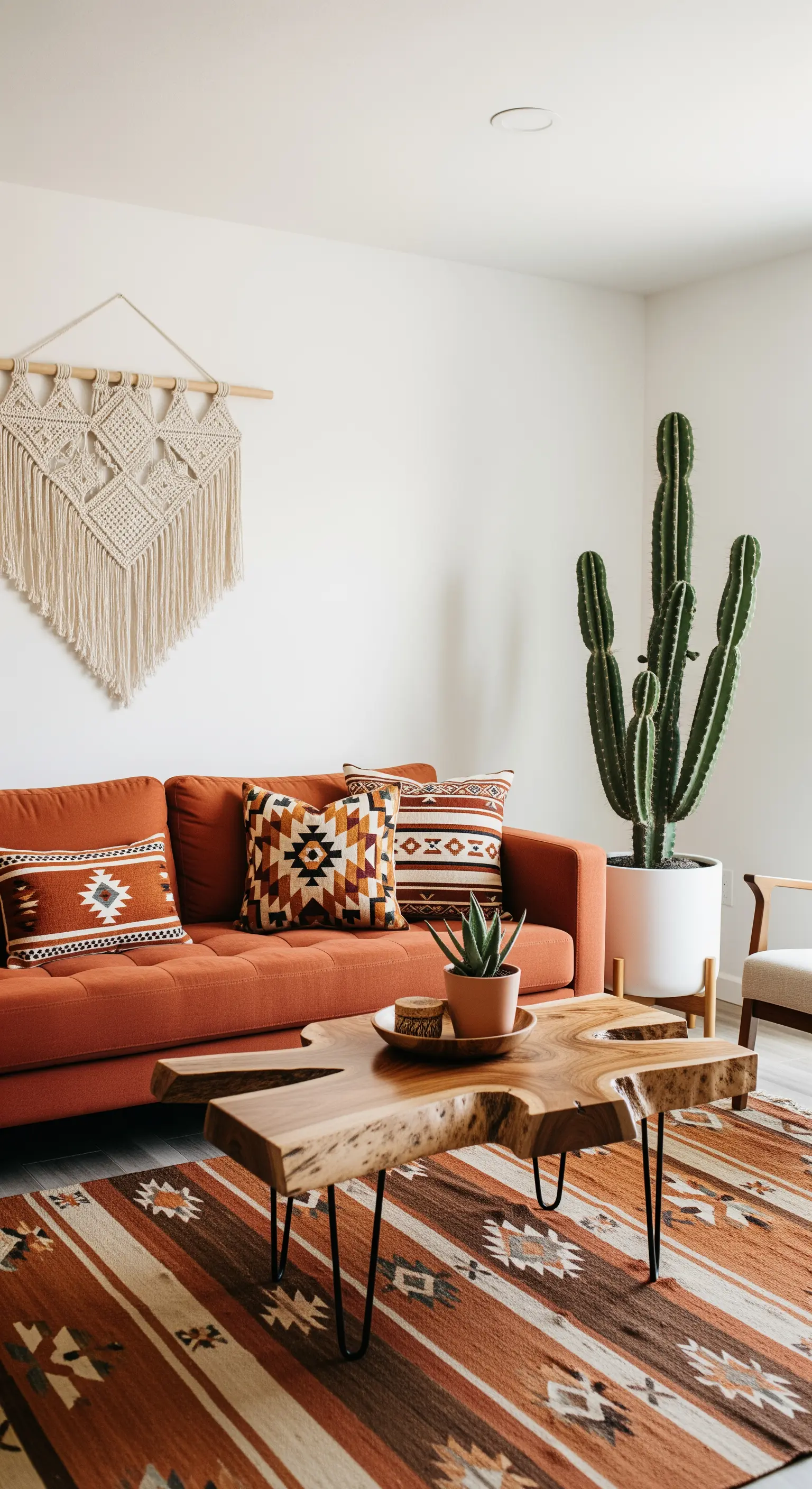 Wohnzimmer im Desert-Boho-Stil mit rostfarbenem Sofa und großem Kaktus.