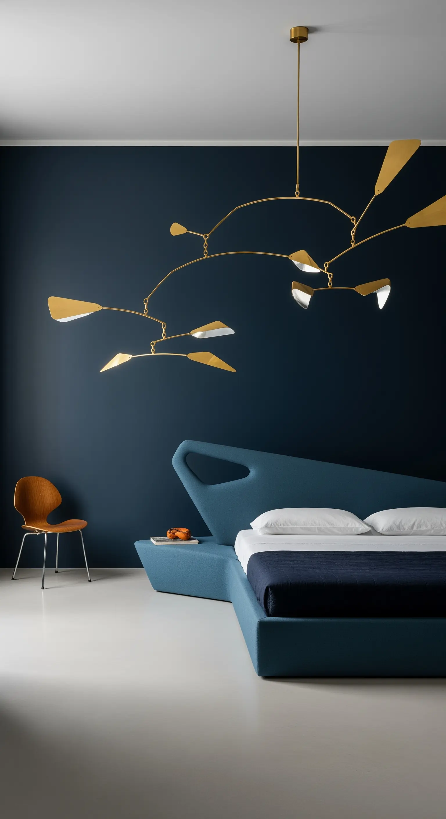 Minimalistisches Schlafzimmer mit skulpturalem Bett und Mobile-Leuchte vor blauer Wand.